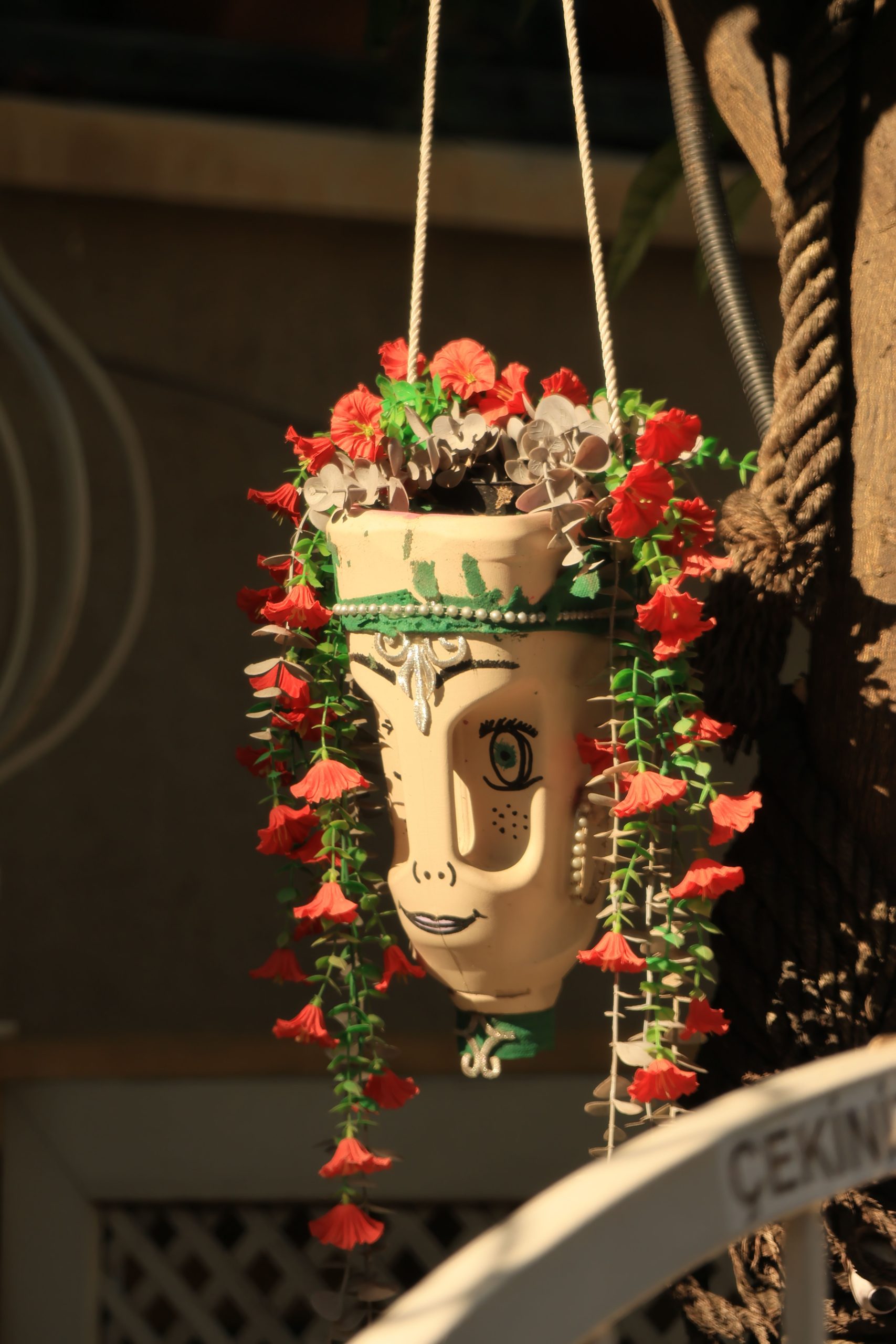 A unique hanging planter with red flowers and a painted face design lights up in sunlight.