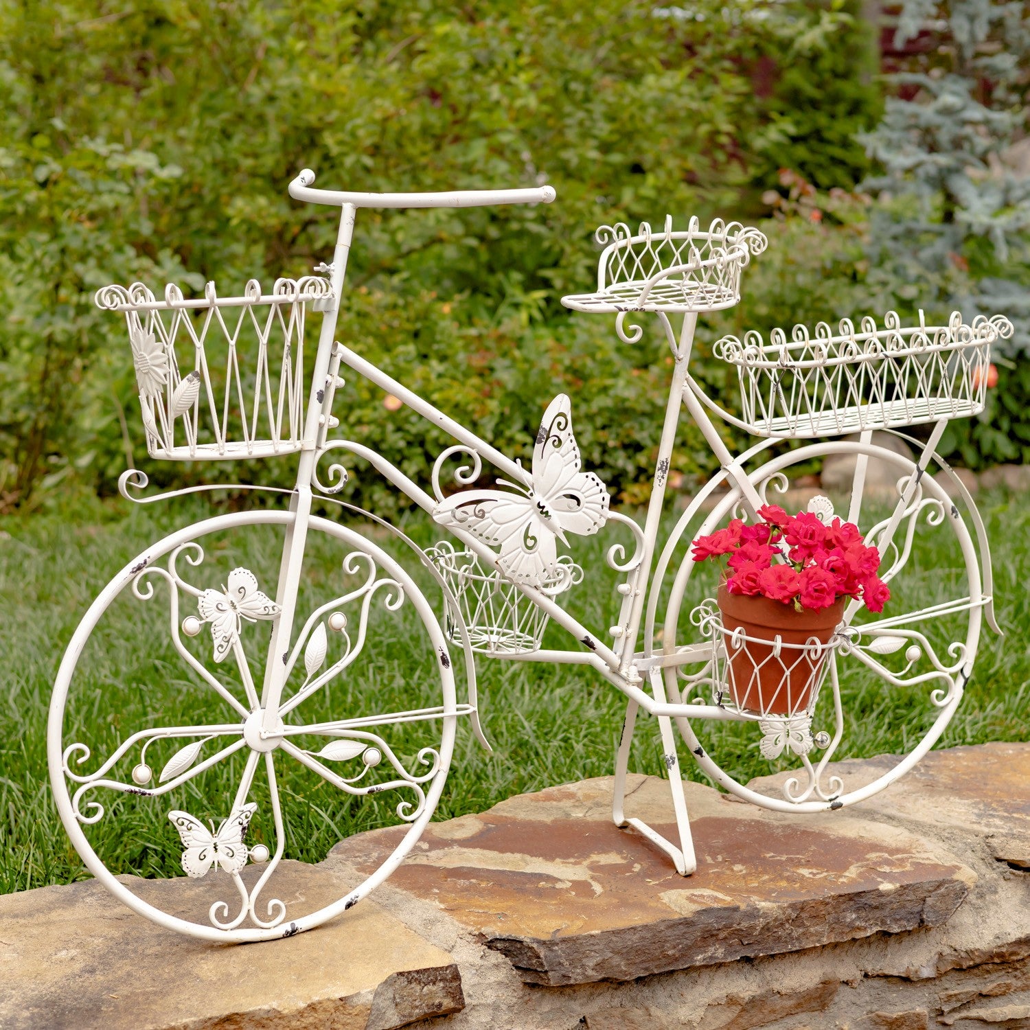 Bicycle Planter Antique Bicycle Basket Large Iron Butterfly Bicycle Plant Stand In Antique White – Garden