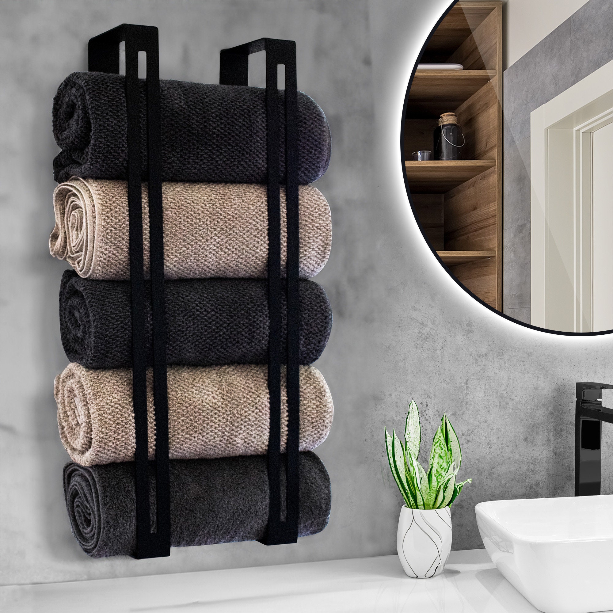 Black Towel Bathroom Towel Racks With Shelf Baru Decor Wall Mounted Towel Rack Holder, Modern Folded Towels Organizer, Bathroom Storage Decor, Towel Vertical Shelf, Black Powder Coated