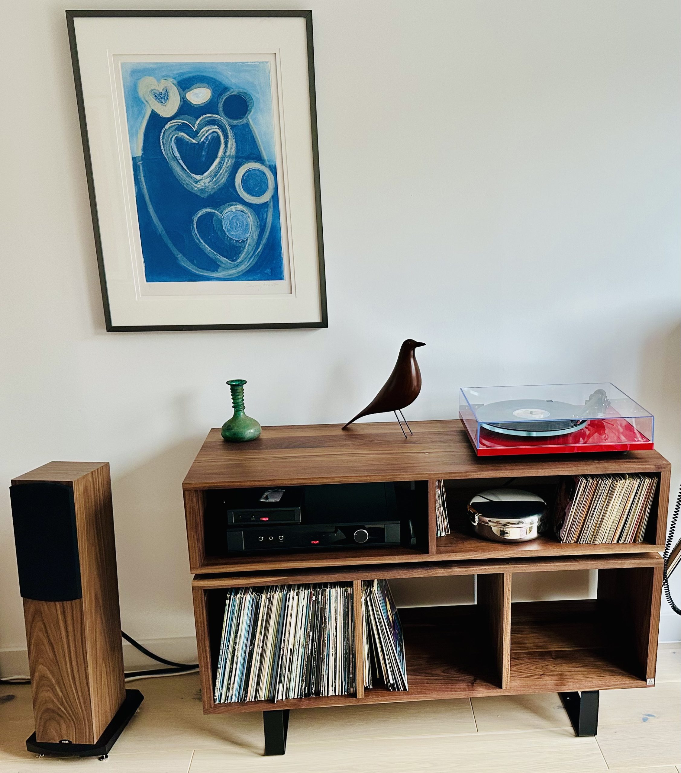 Black Walnut Vinyl Record Cabinet - Floating Isolation Amp Shelf | Lagom Studio