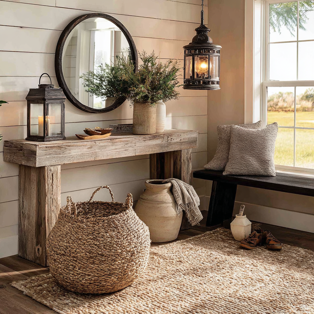 Embrace Rustic Elegance: Farmhouse Entryway Styling 🪵