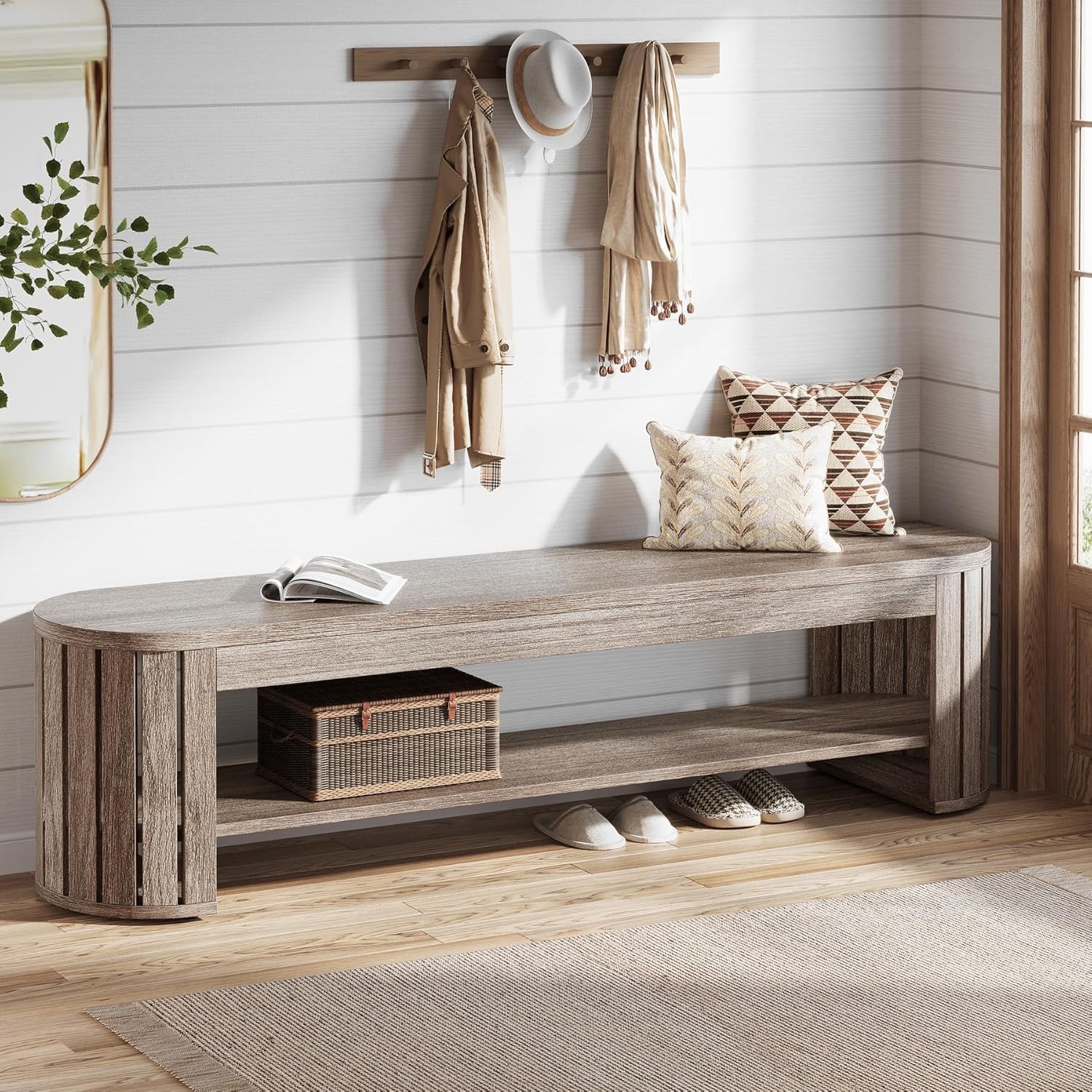 Entry Bench Small Entryway Bench With Shoe Storage 63' Entryway Bench, 2-Tier Narrow Shoe Bench With Shoe Storage, Beige Gray