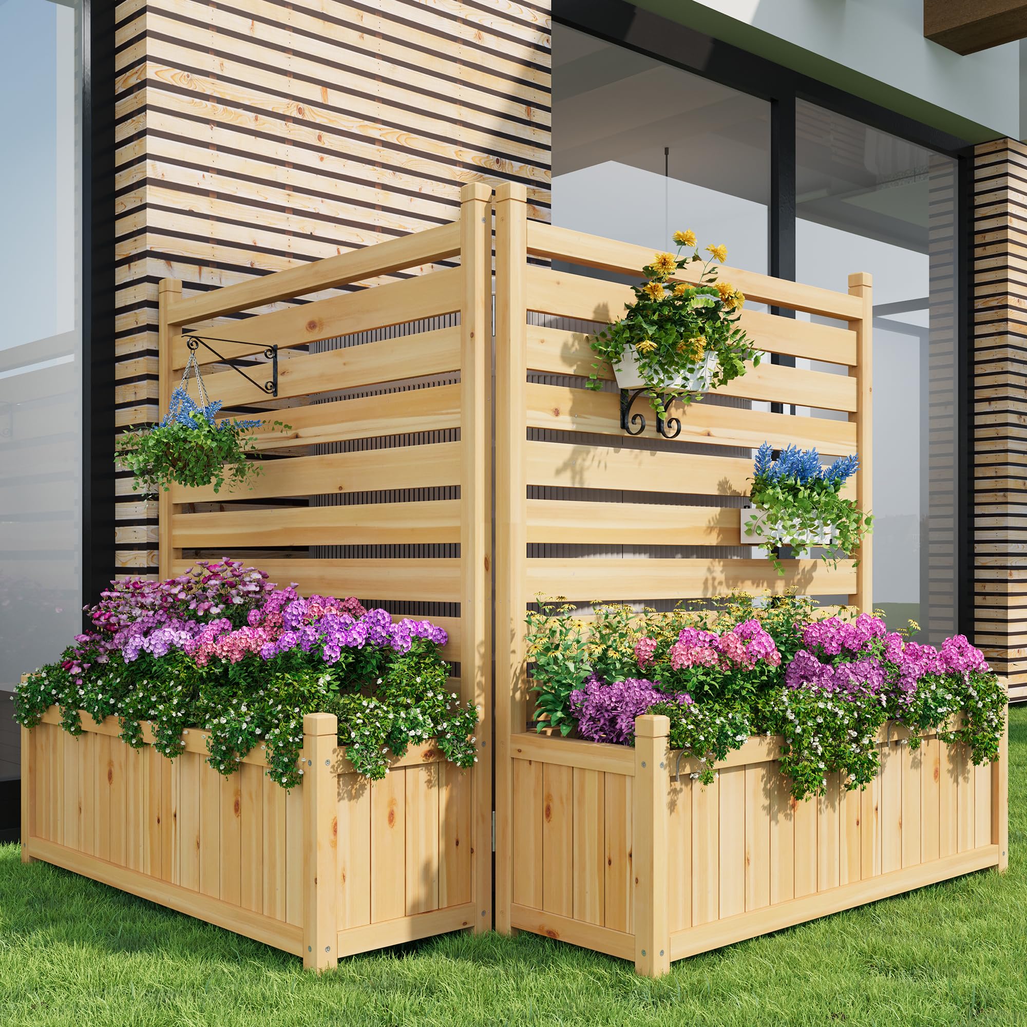 Garvee 22x40 Inch Outdoor Wood Privacy Fence Panels with Planter Box, Sturdy Freestanding Design, Weather-Resistant, 2-Panel AC Unit Screen for Yard,