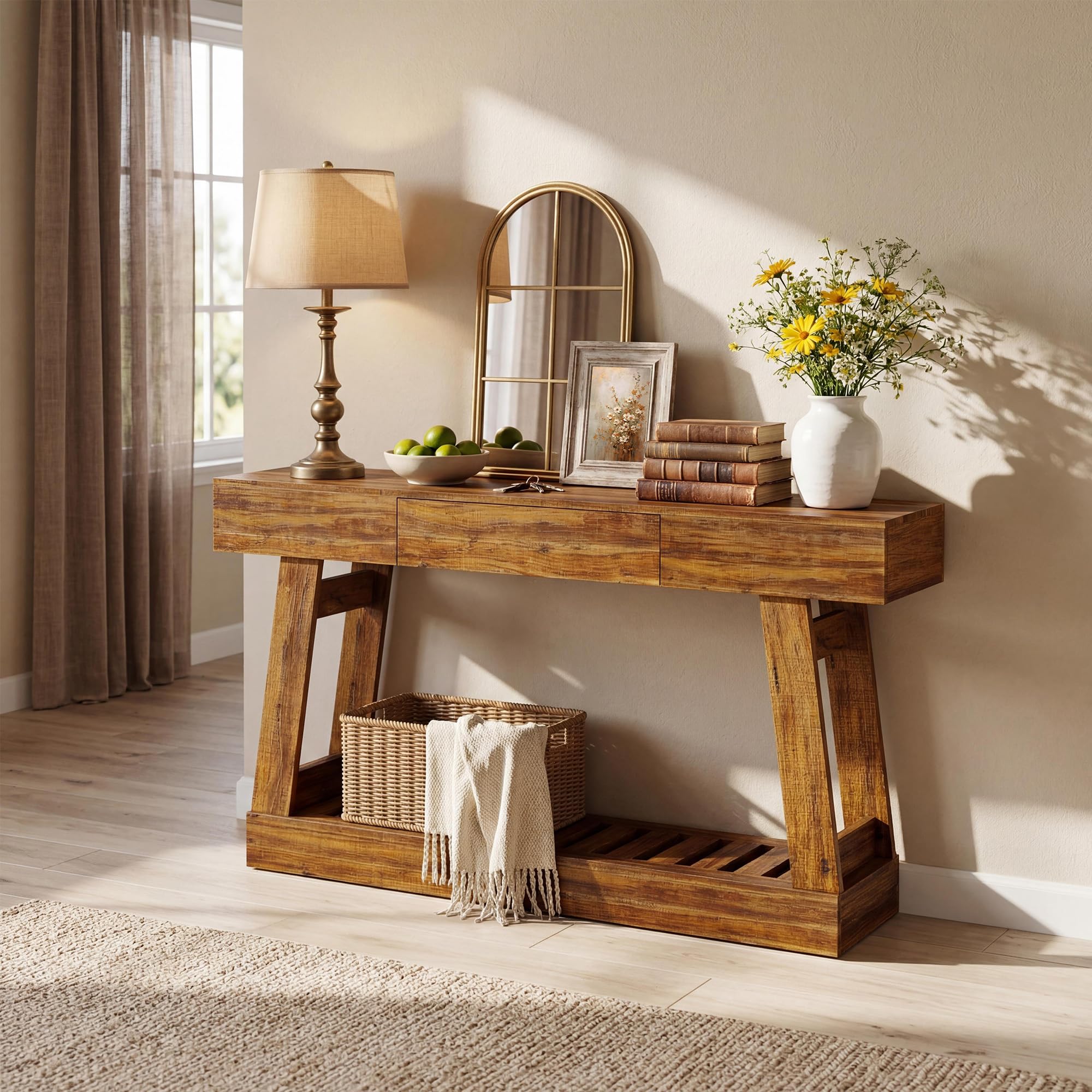 Garvee Farmhouse 60' Entryway Table with Drawer Rustic Narrow Console Table for Living Room Wood Frame Sofa Table with Bottom Storage Shelf