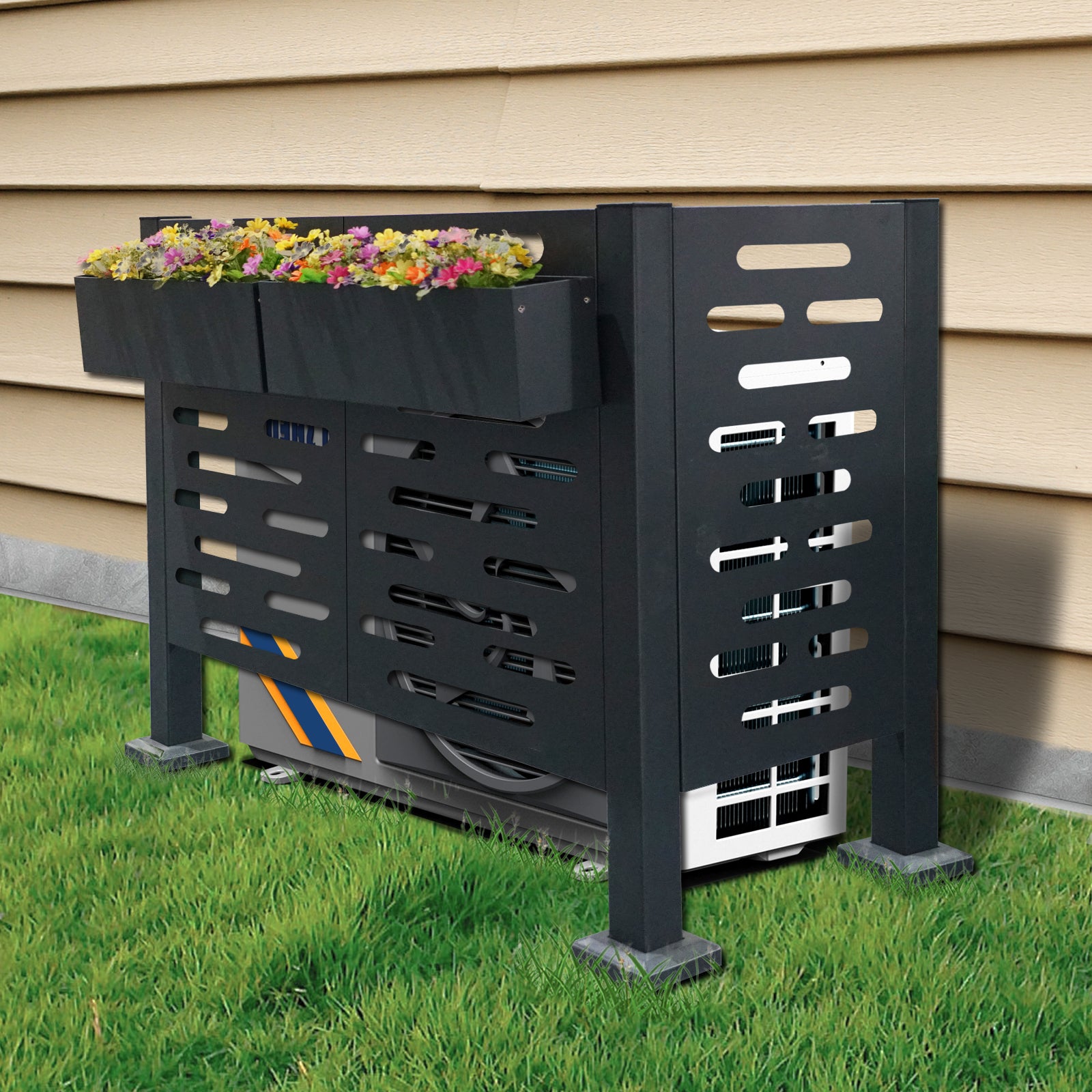 GDFStudio 4x2 FT Air Conditioner Fence Privacy Screen With Flower Boxes - Galvanized Steel Outdoor AC Unit Cover, Charcoal Freestanding Outdoor Screen