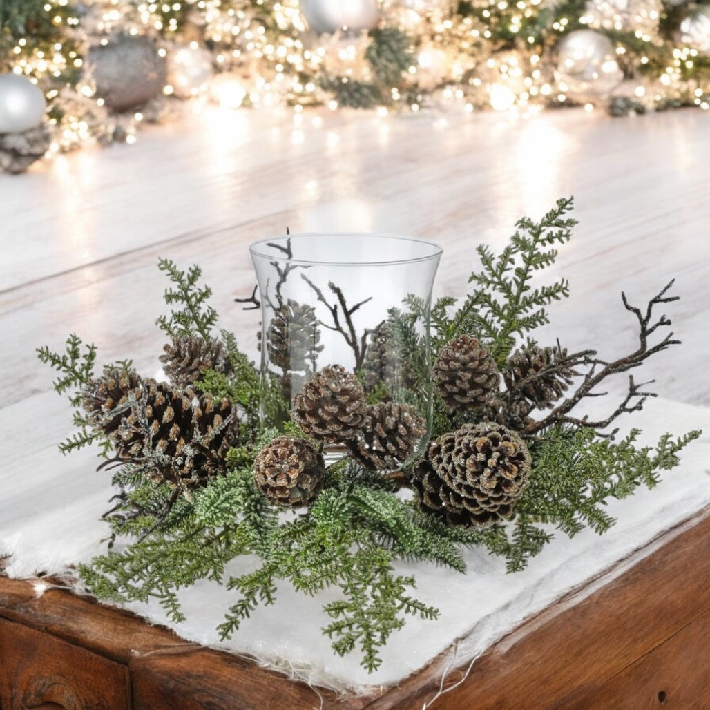 Iced Evergreen & Pine Cone Hurricane Centerpiece