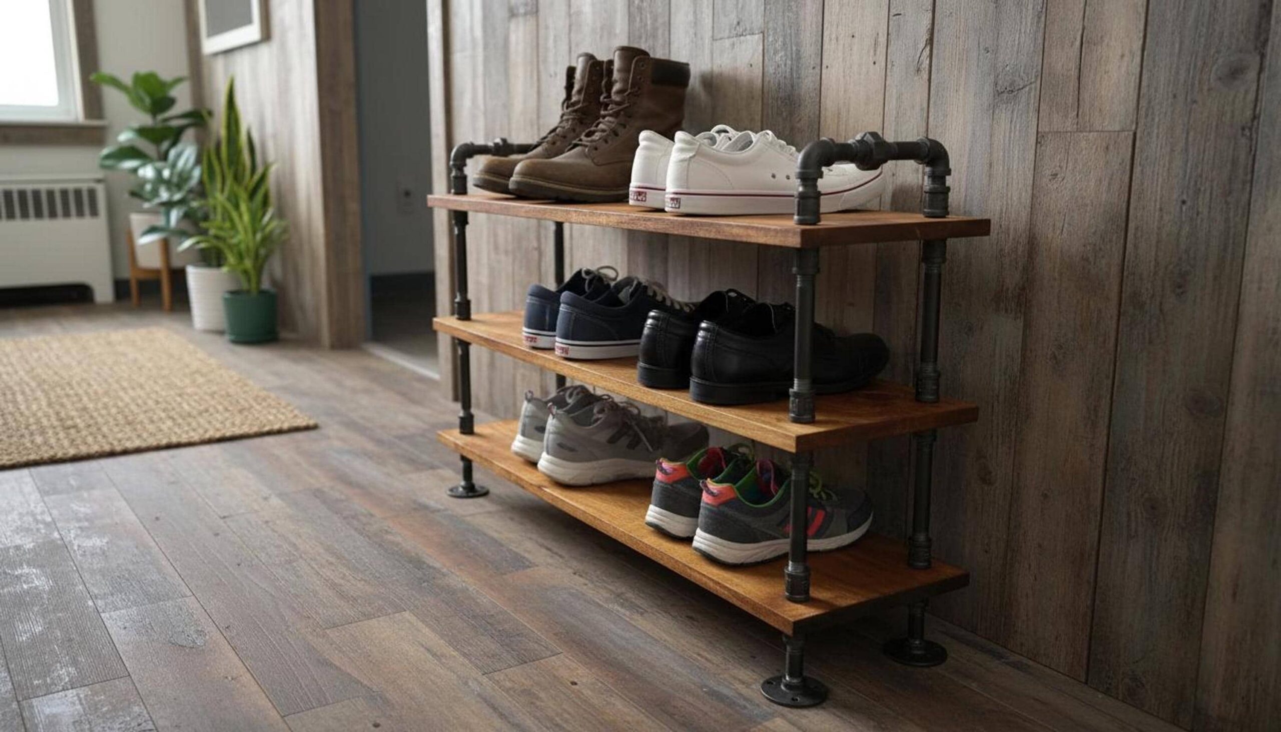 Industrial Shoe Rack, Steampunk Decor Entryway Organizer, Rustic Wood, Union Style Handles - Pipeworkpieces Artisanal Works for Home and Office