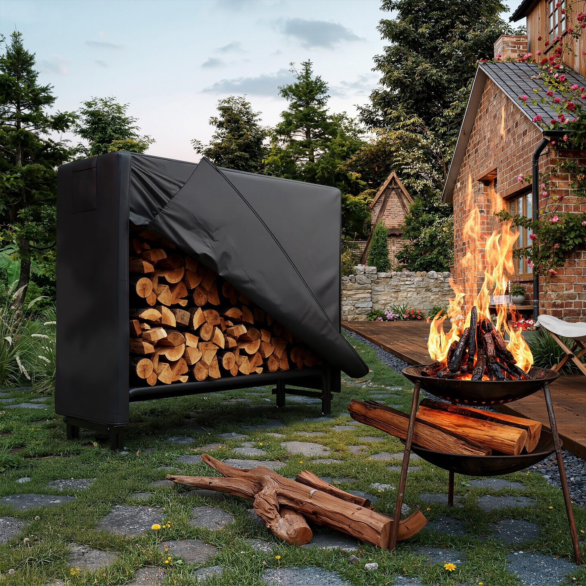 Large Firewood Rack Garvee Heavy Duty 4Ft Firewood Rack Outdoor With Cover Large Steel Log Holder For Patio/Backyard, Weatherproof Wood Storage With Ventilated Design,