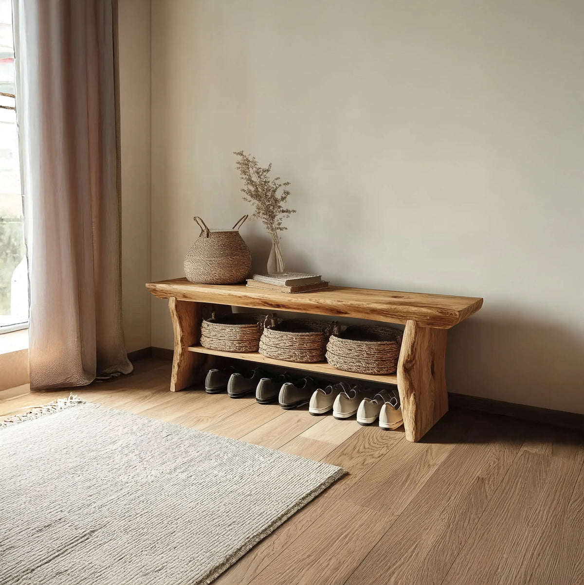 Live Edge Wooden Entryway Bench – Solid Wood Hallway Bench with Shelf