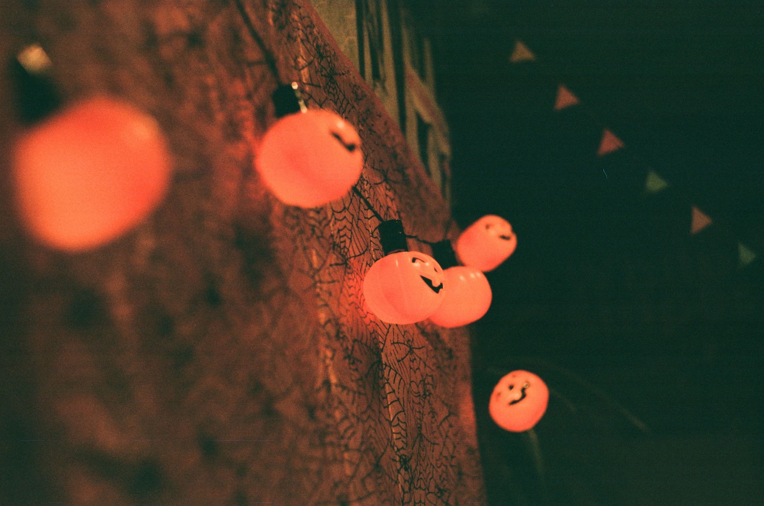 Low angle of glowing garland with pumpkin lamps hanging on wall at night during Halloween party