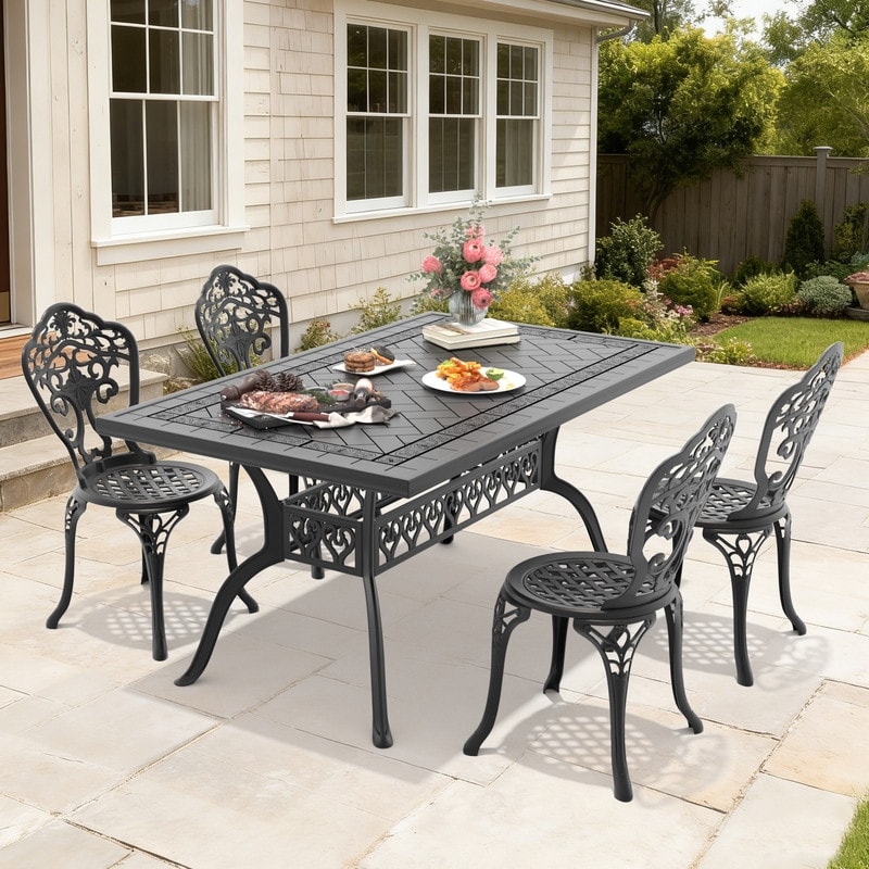 Metal Patio Black Aluminum Outdoor Dining Chairs Rectangle Black Cast Aluminum Outdoor Dining Table Outdoor Dining Chairs Without Cushion