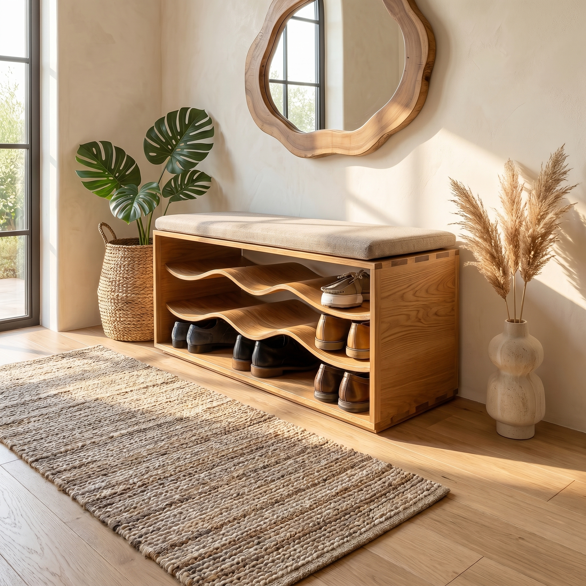 Midcentury Shoe Rack Bench Entryway SINLSASB035