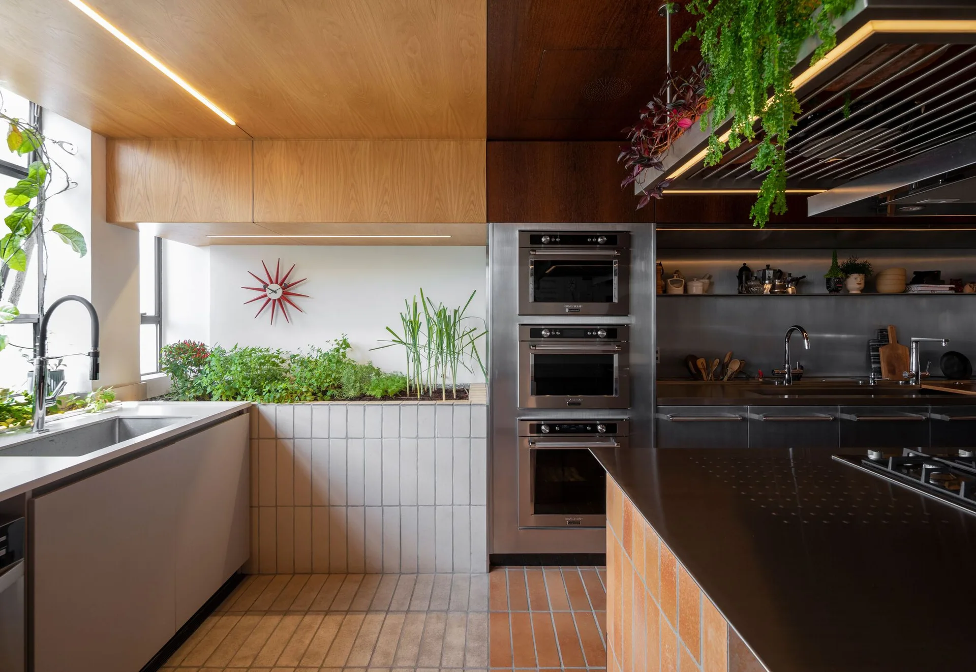 Modern Kitchen with Built In Tiled Herb Planter and Wood Ceiling - DECORAID
