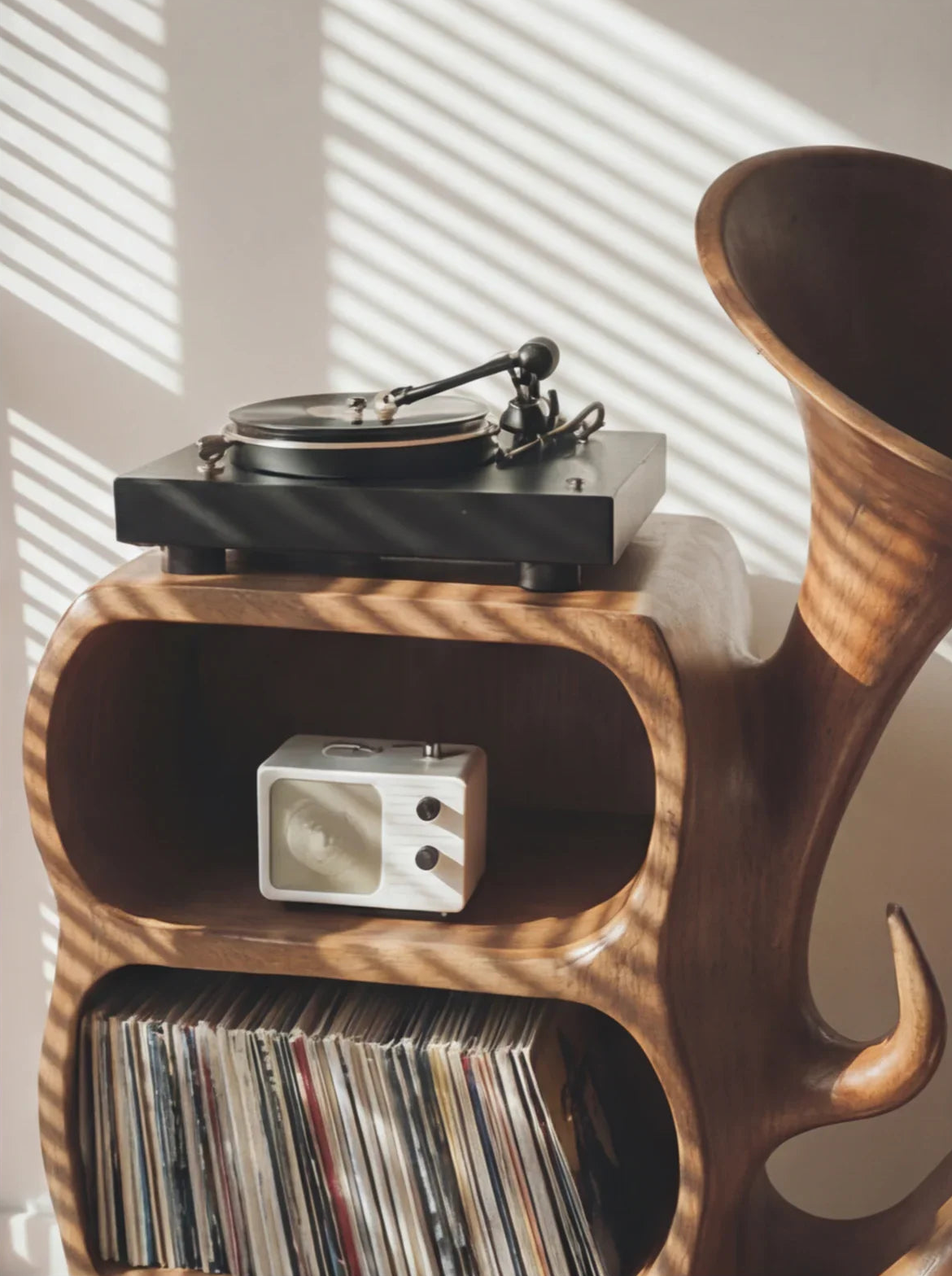 Organic Sculptural Solid Wood Vinyl Record Storage Cabinet with Integrated Turntable Stand