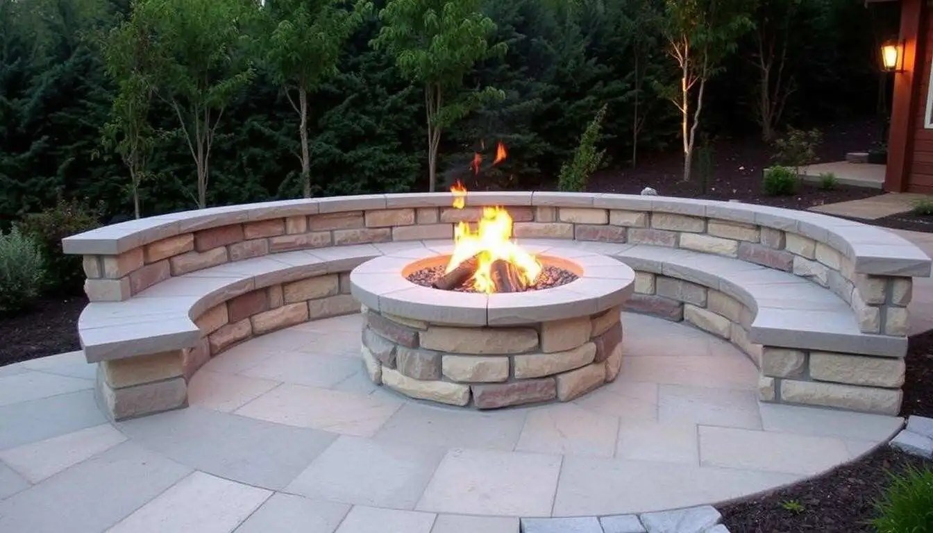 Outdoor Furniture Curved Fire Pit Bench Cushions Built-In Stone Bench Fire Pit Cozy Outdoor Seating
