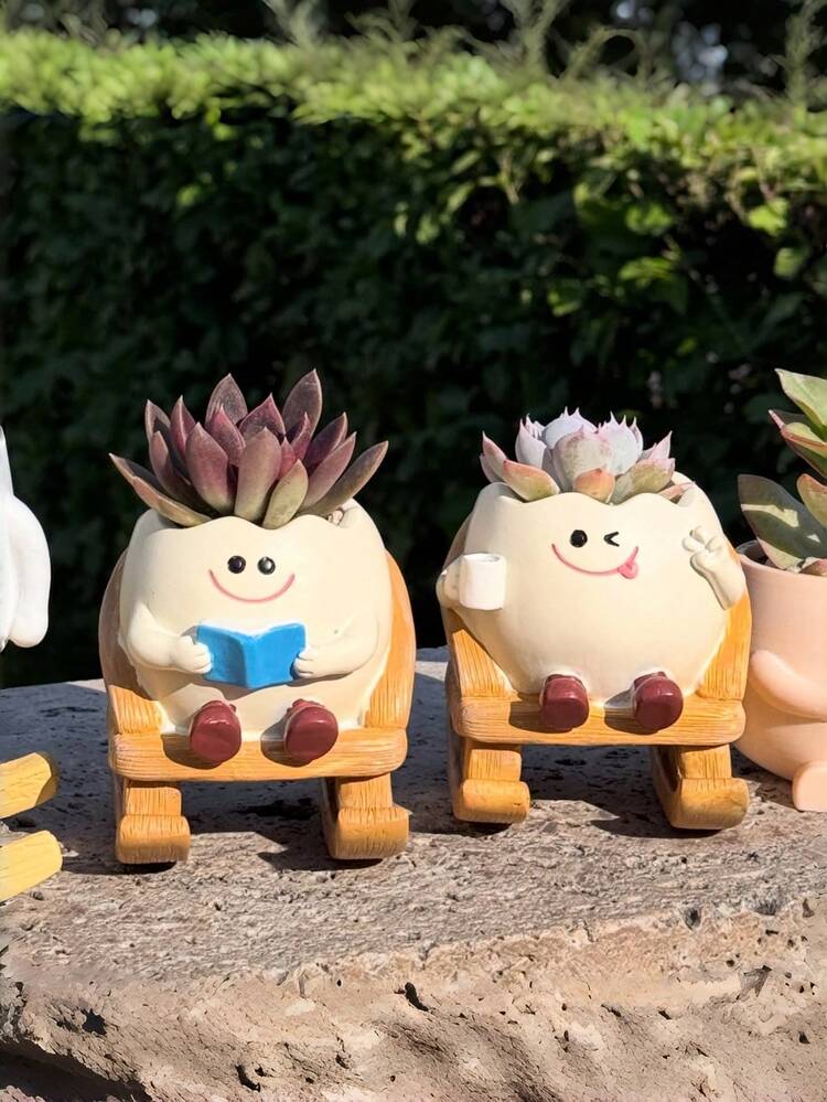 Resin Rocking Chair Succulent Planter With Coffee-Shaped Smiling Face Design, Suitable For Desk Decor, Garden/Country Potted Plants, Outdoor Gardening ...