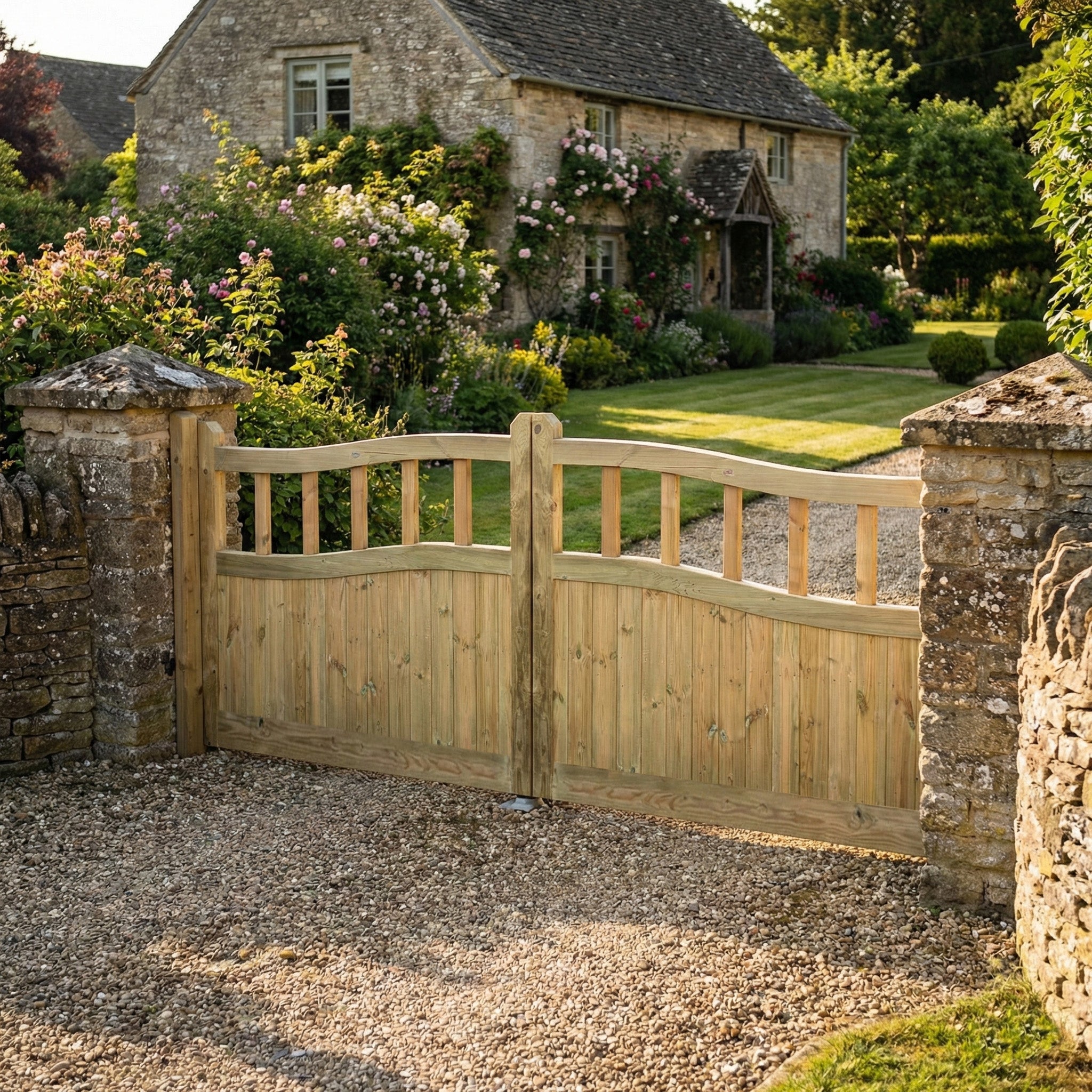 Ruby UK | Cottage Swan Neck Scandinavian Redwood Sliding Driveway Gate