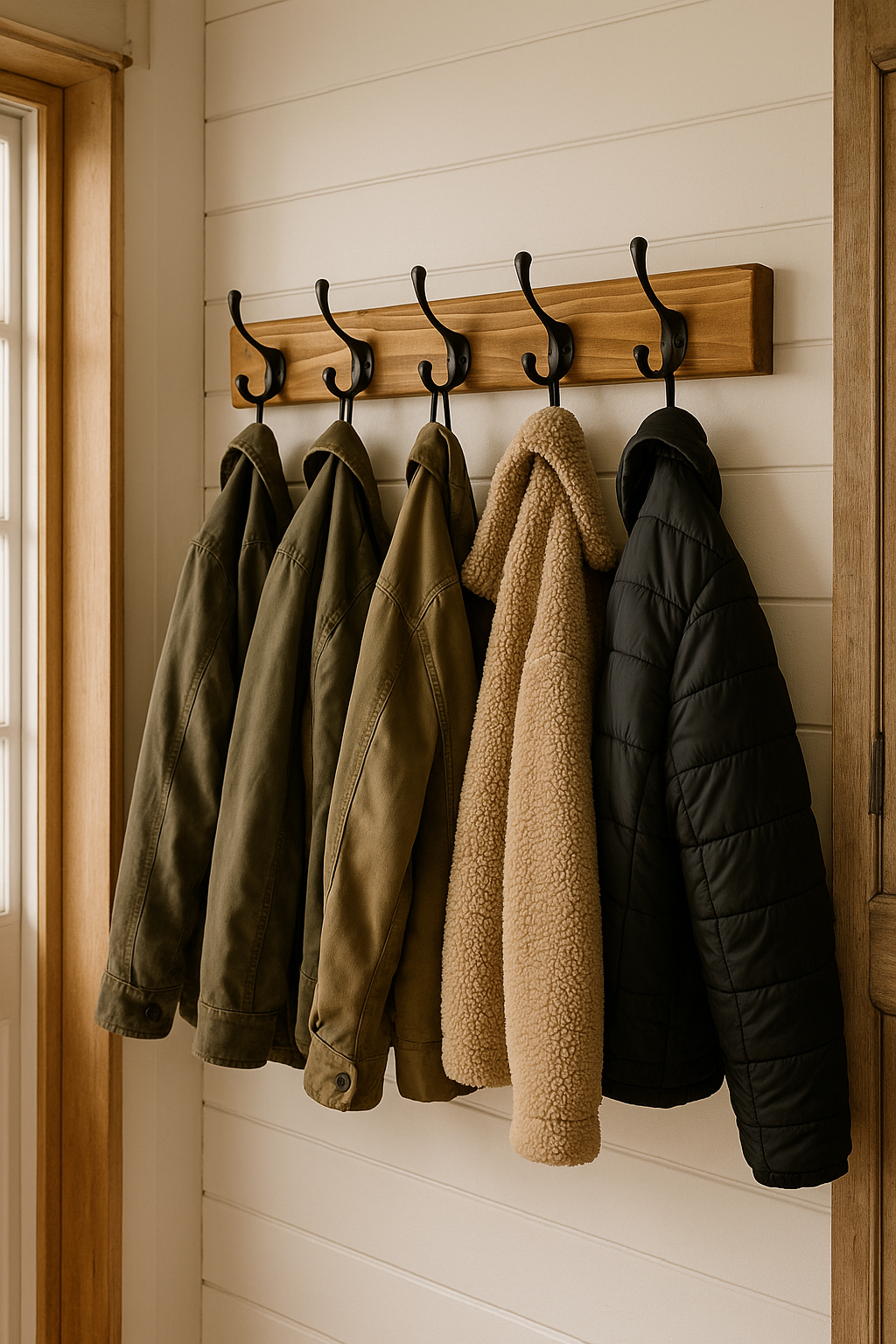 Rustic Coat Rack Waxed: Reclaimed Wood Entryway Organizer with Black Hooks - Welcome to Rodney Adams Mirrors