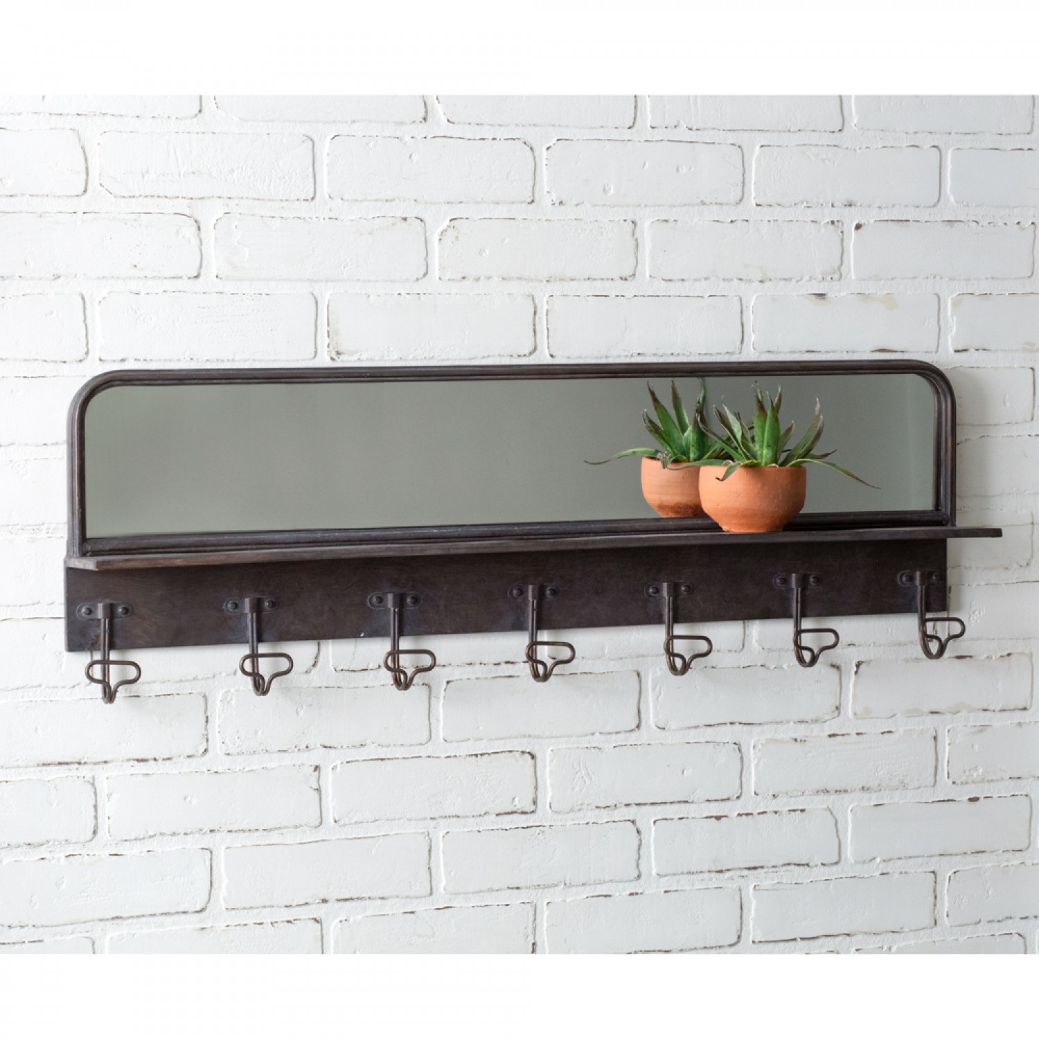 Rustic Farmhouse Entryway Coat Rack with Mirror & Seven Hooks