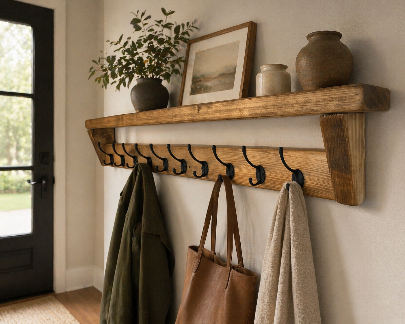 Rustic Wooden Coat Rack Shelf with Hooks | Handmade Farmhouse Wall Storage – Mirrors Co