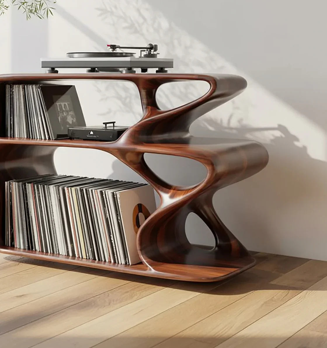 Sculptural Wooden Record Player Stand with Vinyl Storage – Organic Mod