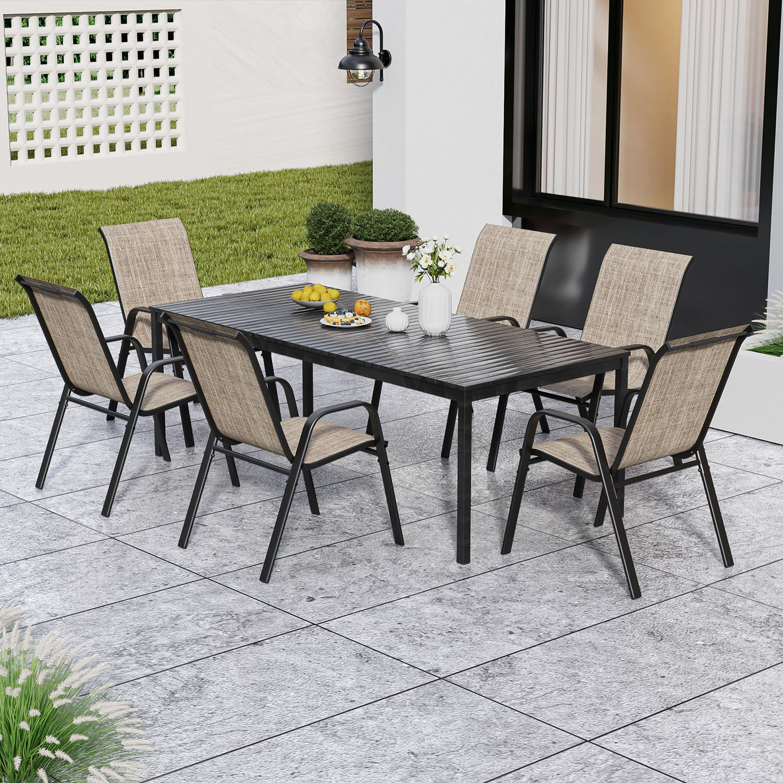 Set Of Outdoor Dining Chairs MF Studio 7-Piece Outdoor Patio Dining Set With Stackable Chairs 6-Person Table, Modern Metal Steel Patio Furniture, Black