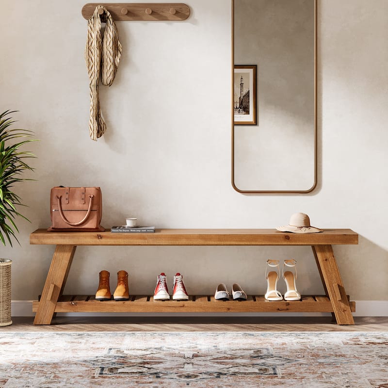 Shelf Small Entryway Bench With Shoe Storage 63' Solid Wood Shoe Bench, 2-Tier Entryway Bench