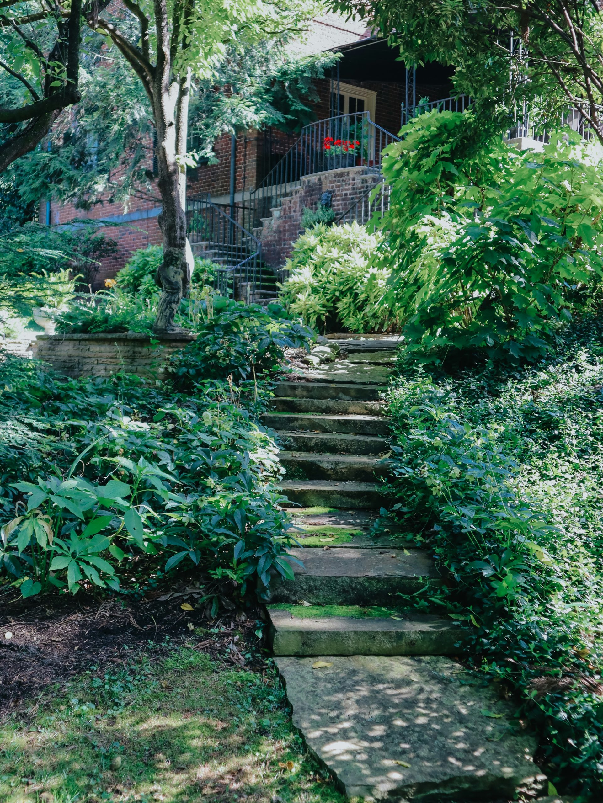 Stone steps lead up to a house surrounded by greenery.