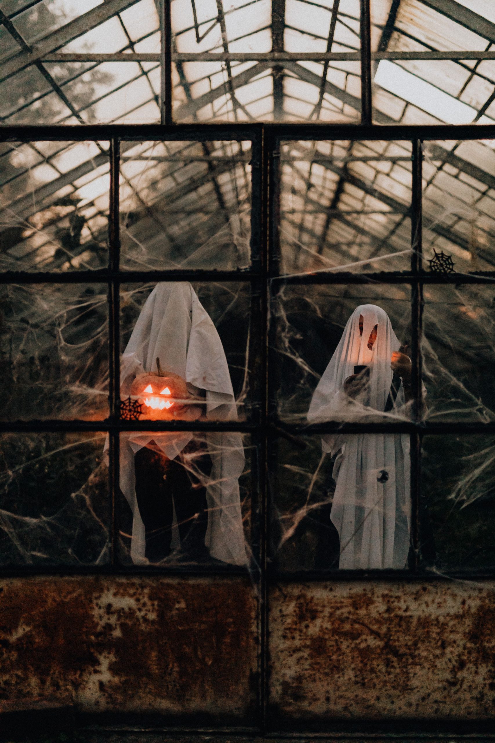 Two ghostly figures holding pumpkins inside a haunting, cobweb-filled greenhouse, perfect for Halloween themes.