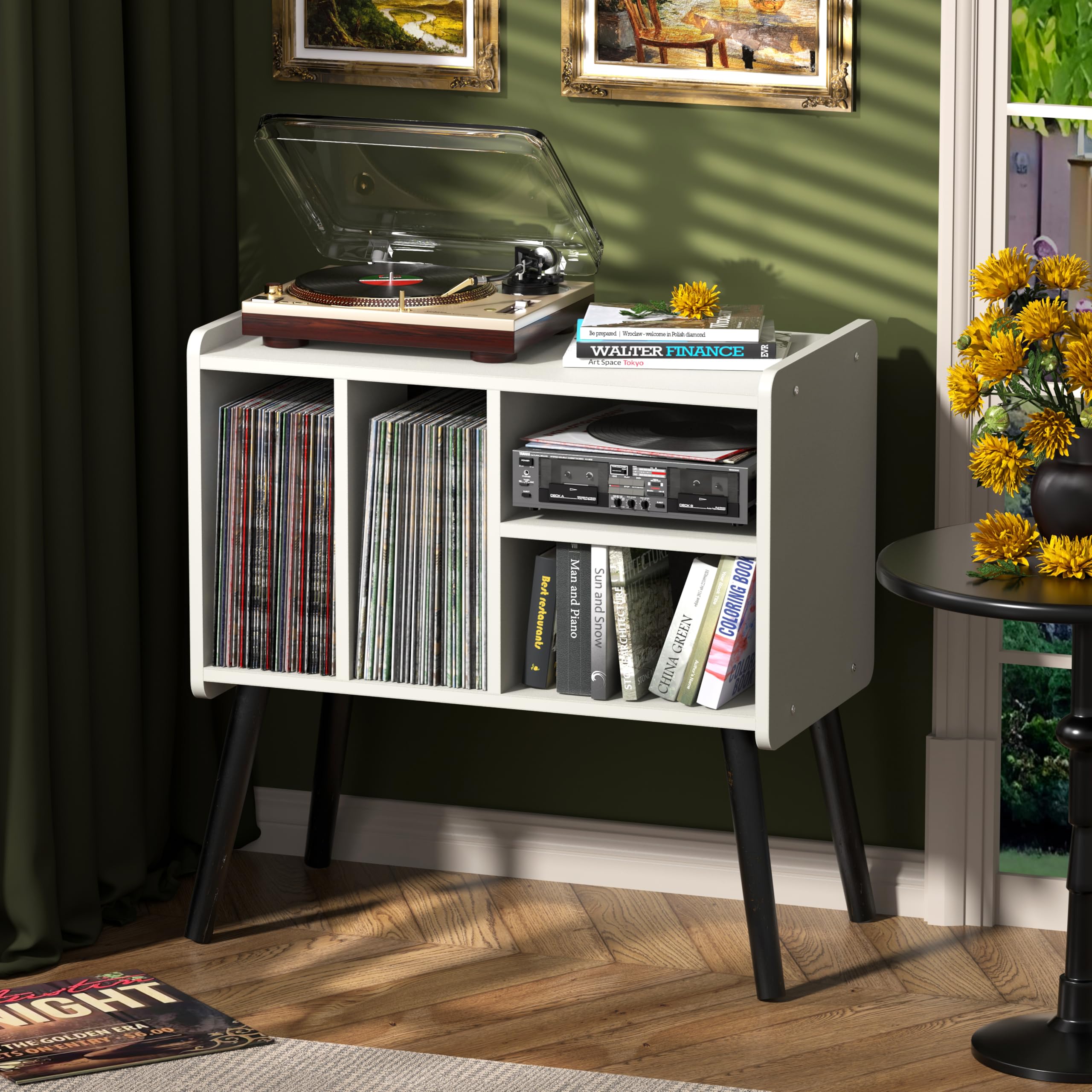 UODERS Record Player Table, Mid-Century Record Player Stand with Vinyl Storage Hold Up to 150