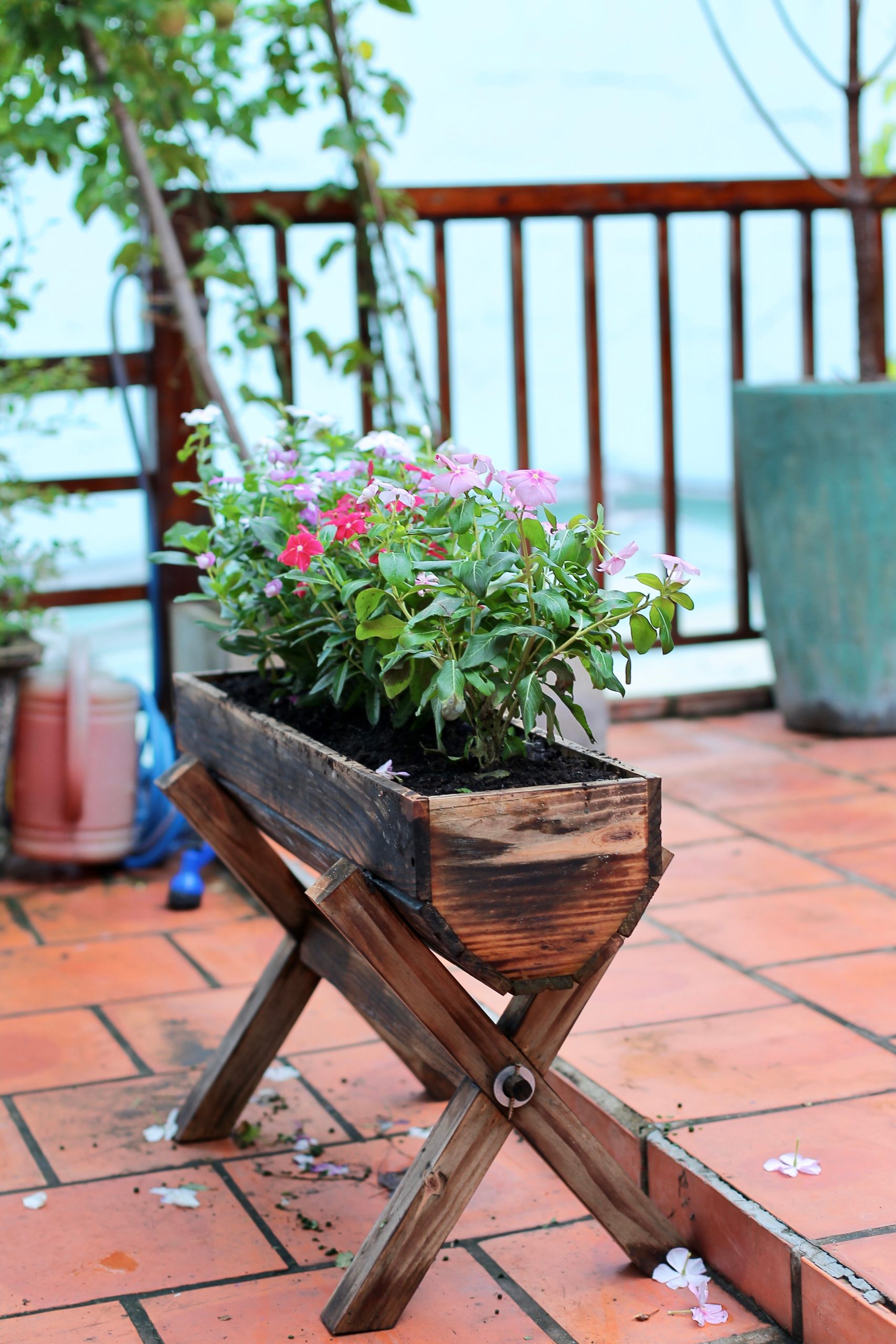 Vibrant flowers in a wooden planter on a patio, perfect for garden lovers.