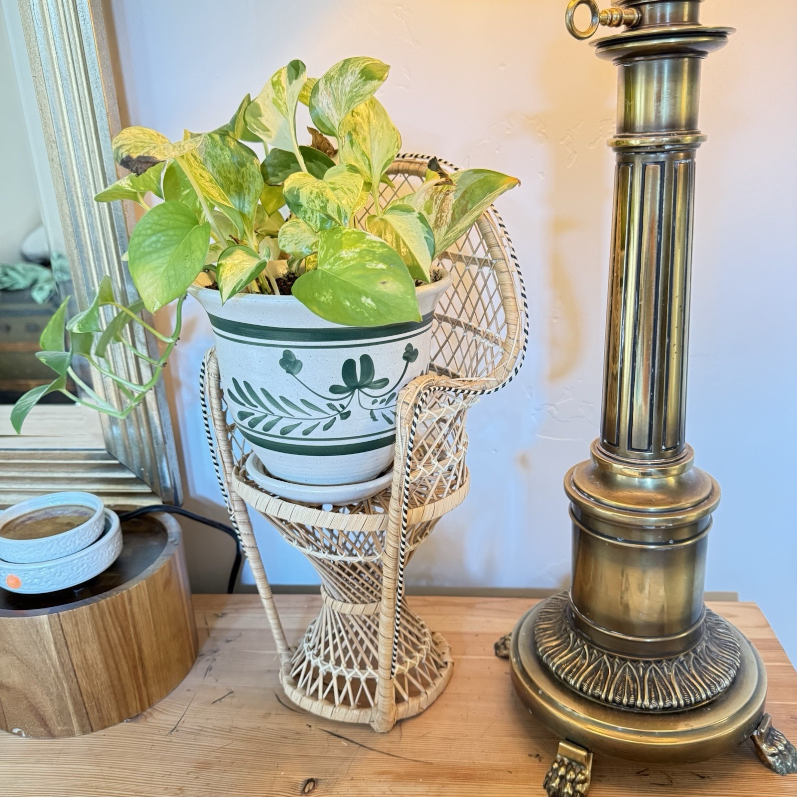 Vintage 16\' Wicker Peacock Rattan Doll Chair Plant Stand Garden Decor Display