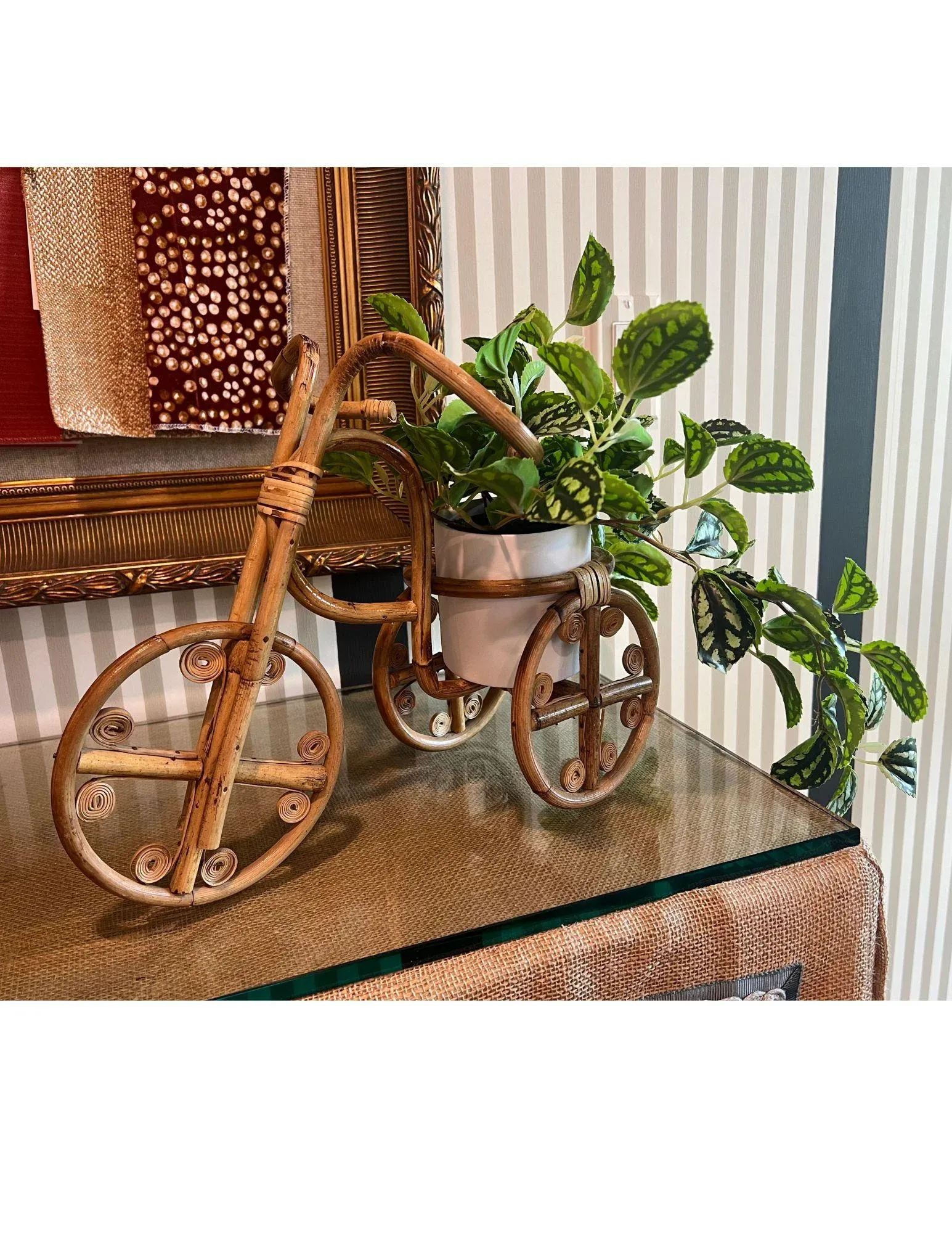 Vintage Bamboo & Rattan Tricycle Planter - Faux Plant Included