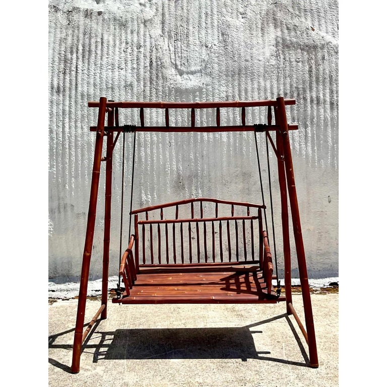 Vintage Coastal Outdoor Bamboo and Rattan Porch Swing at 1stDibs | antique porch swing for sale, bamboo porch swing, garden swing price in sri lanka