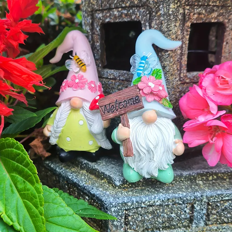 Whimsical Spring Floral Gnome Garden Decor - Rustic Resin Statues with Vibrant Flowers, Welcome Sign, Ideal for Indoor/Outdoor Home & Garden Decor, Seasonal Decoration|* Desig*urable Garden Art, Gno