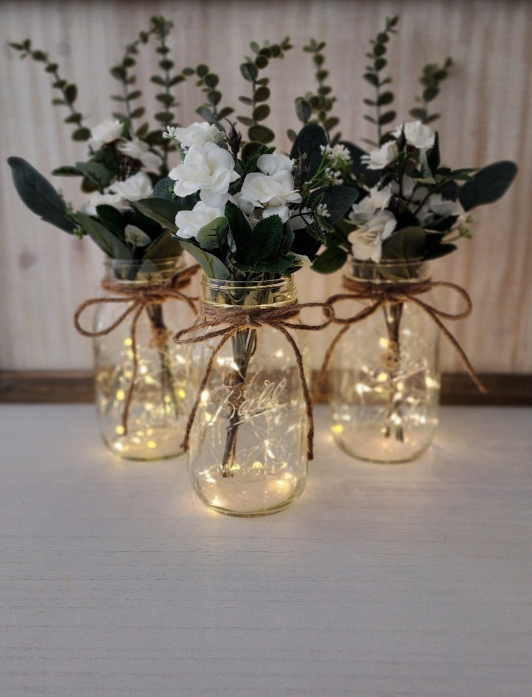White Mini-Rose Lighted Mason Jar Centerpiece – Glassy Gal Decor