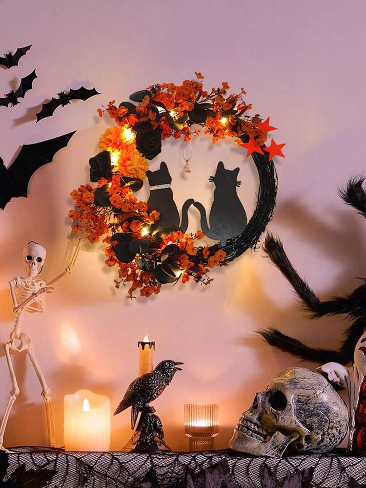 15.74INCH Halloween Wreaths, Halloween Moon Cat Wreaths For Front Door, Black Halloween Wreath, Gothic Wreath Decorations, Halloween Door Wreath, Halloween Moon Wreath With Black | SHEIN USA