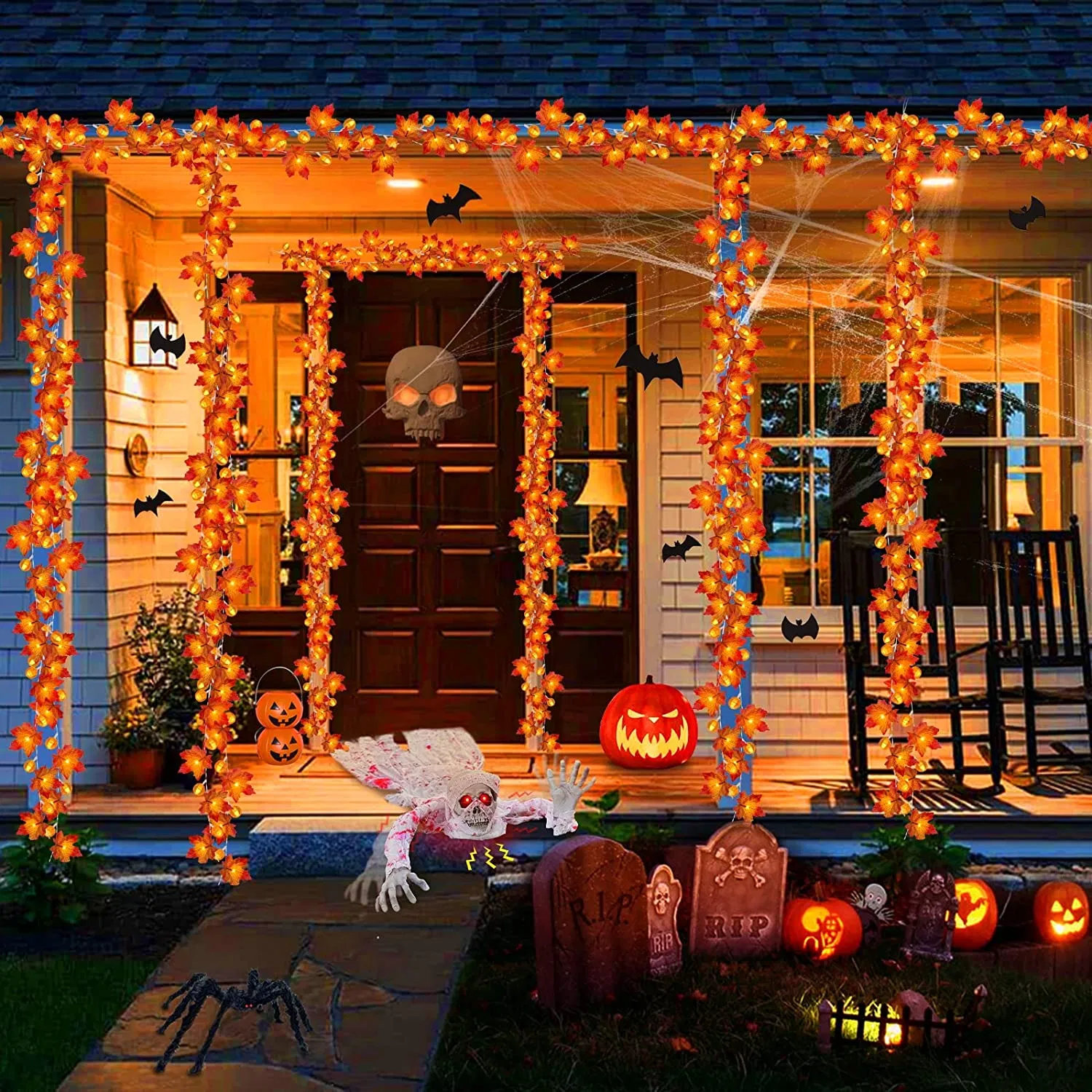 6ft Fall Garland with Pumpkins & Lights for Mantel, Autumn Thanksgiving Decor