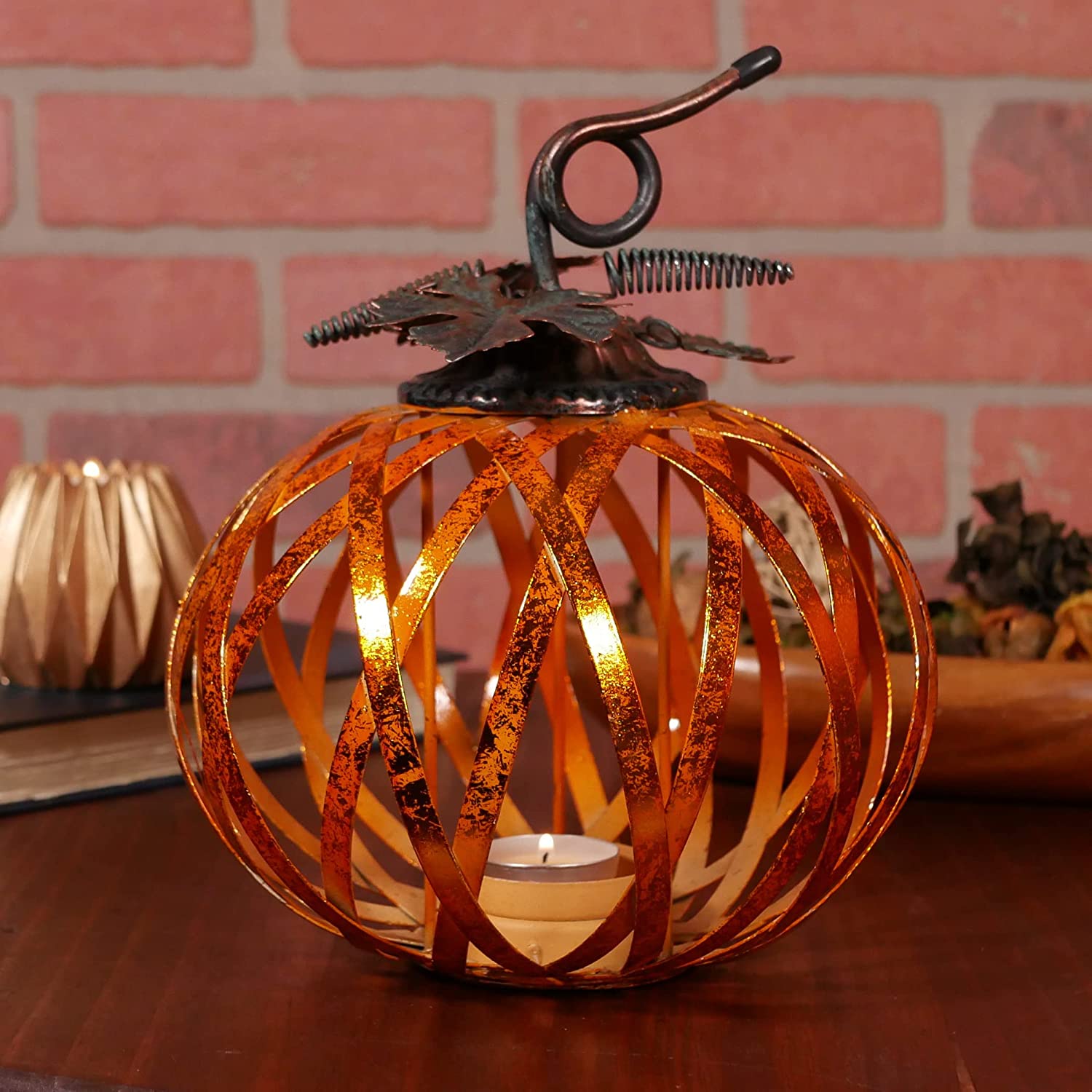 8 Inch Rustic Metal Pumpkin Candle Holder with Metallic Copper Finish - One Holiday Way