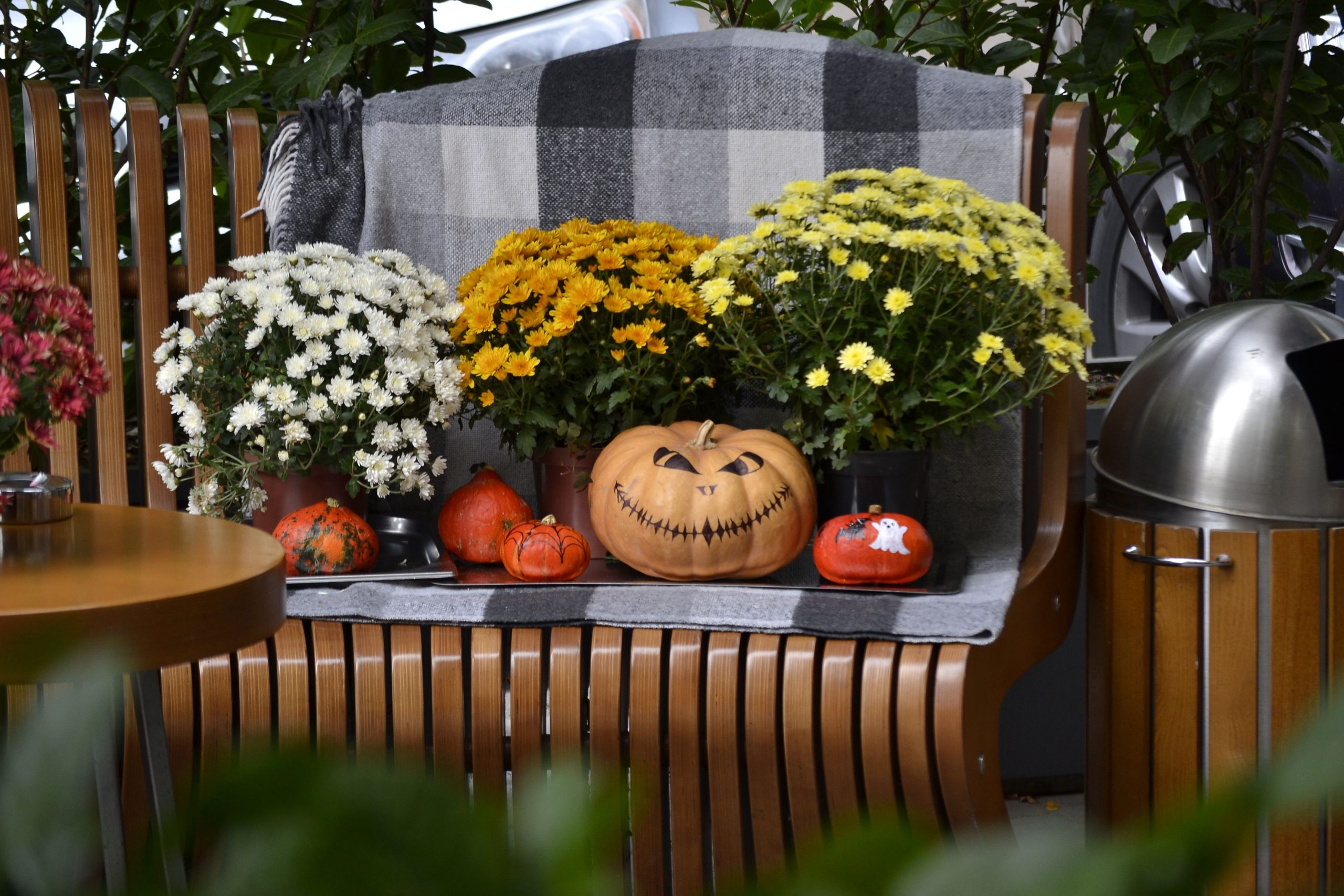 A bench decorated with pumpkins and chrysanthemums, perfect for autumn and Halloween.