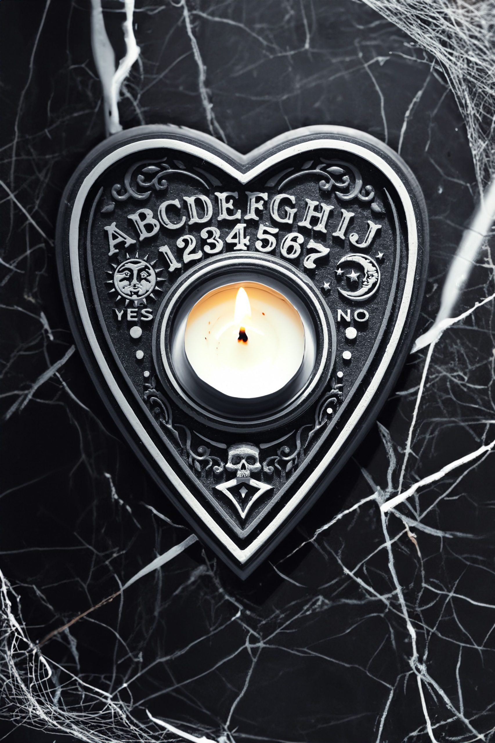 A candle flickers on a gothic Ouija board planchette, setting a mysterious Halloween mood.