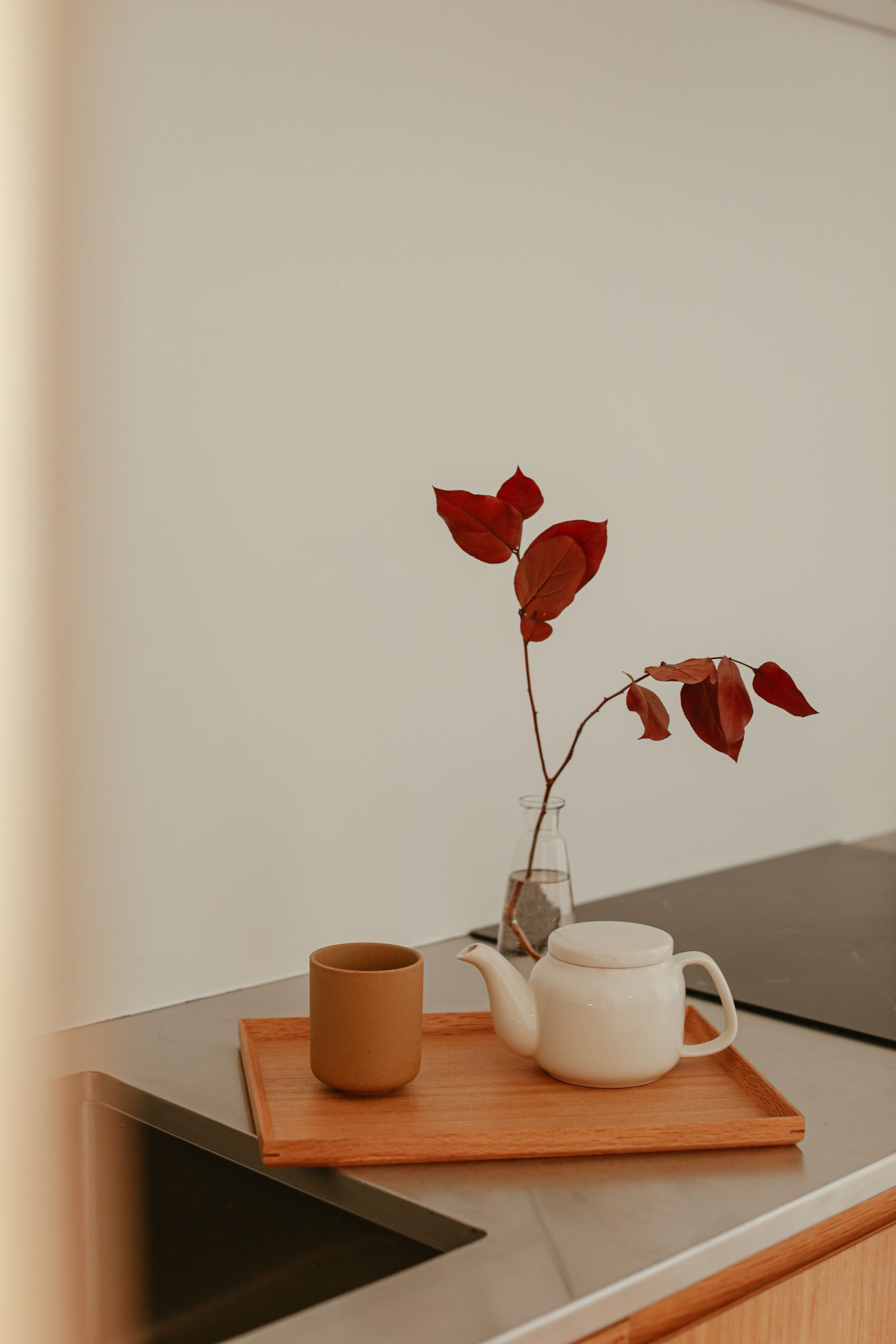 A minimalist still life with a teapot, cup, and dried leaves on a tray.