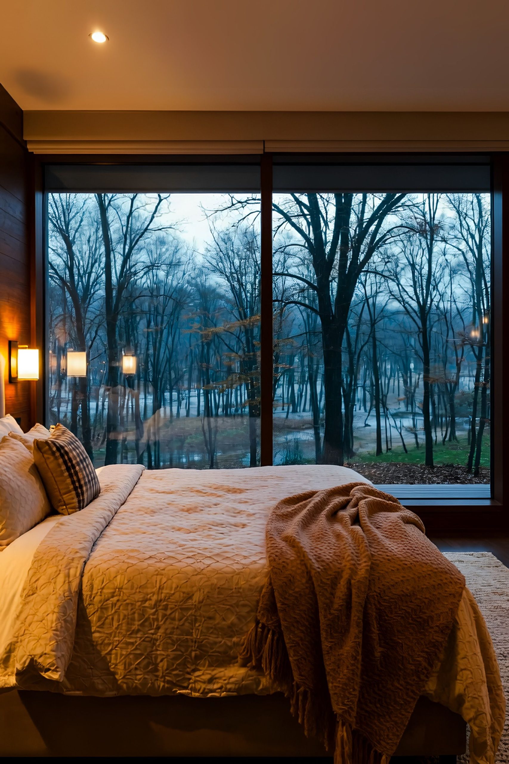 A modern bedroom with a warm ambiance and a large window showcasing a forest view.