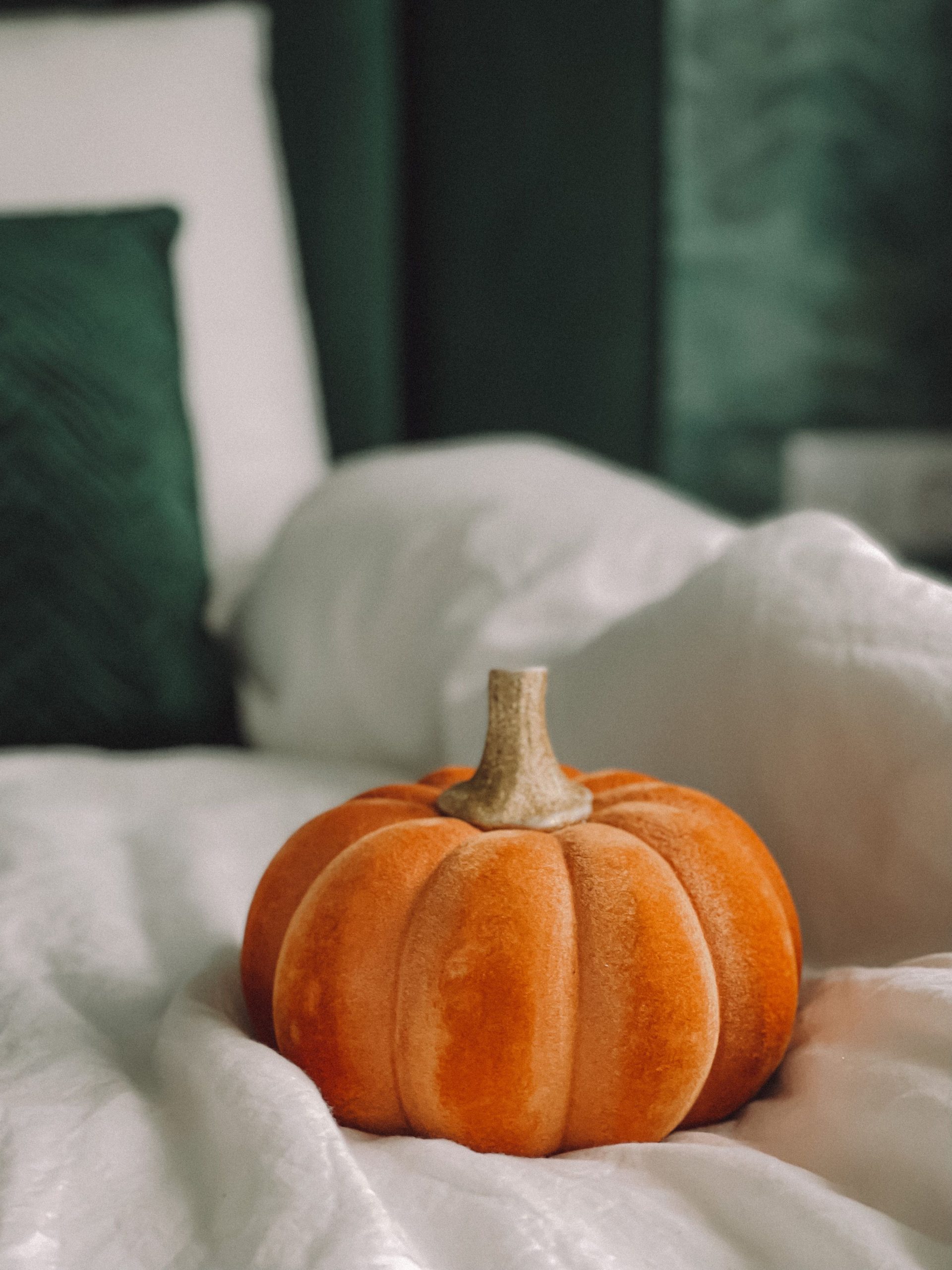 A ripe pumpkin resting on a luxurious bed, invoking a cozy autumn feel indoors.
