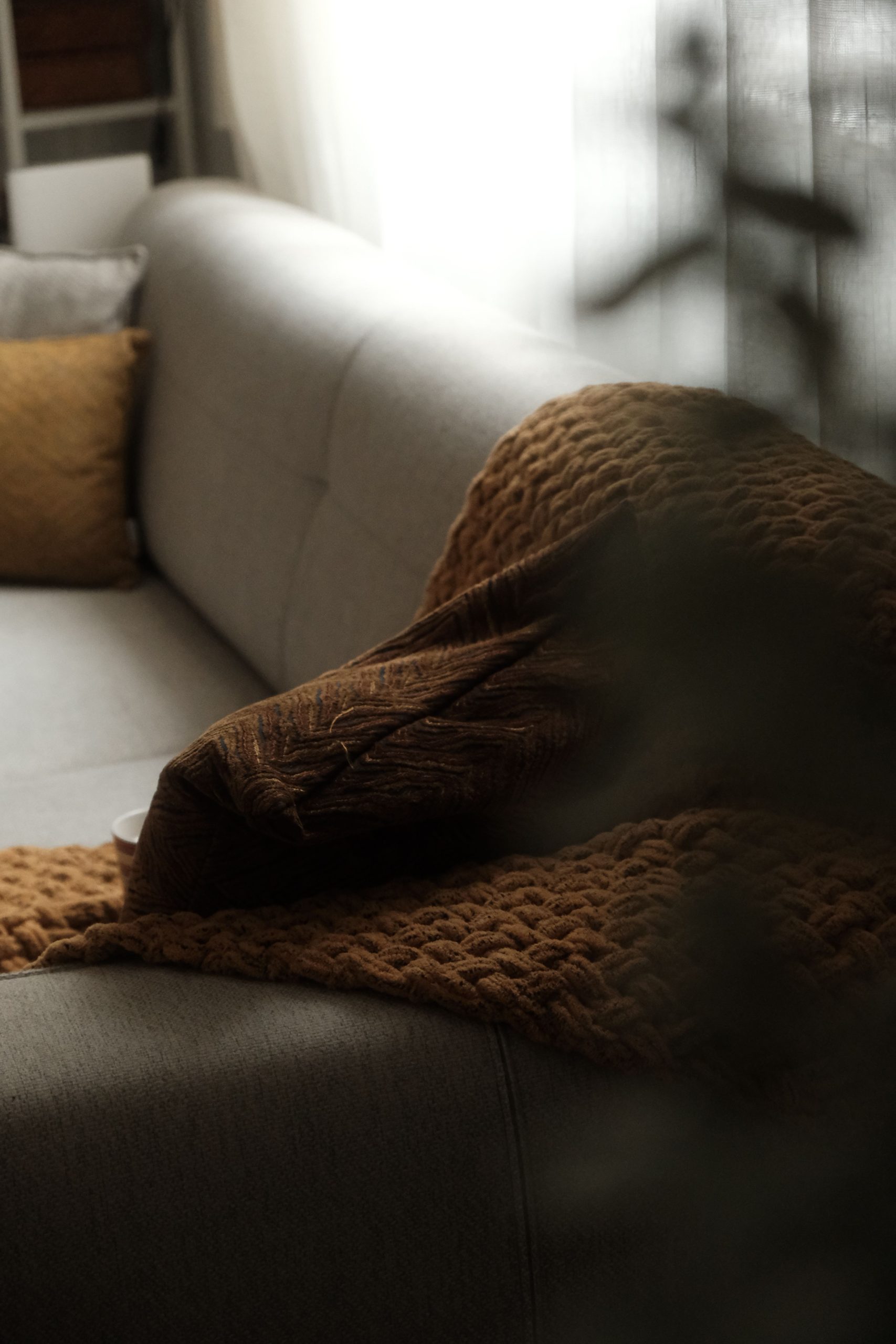 A soft grey couch adorned with warm brown quilt and cushions in a cozy, softly-lit living room setting.
