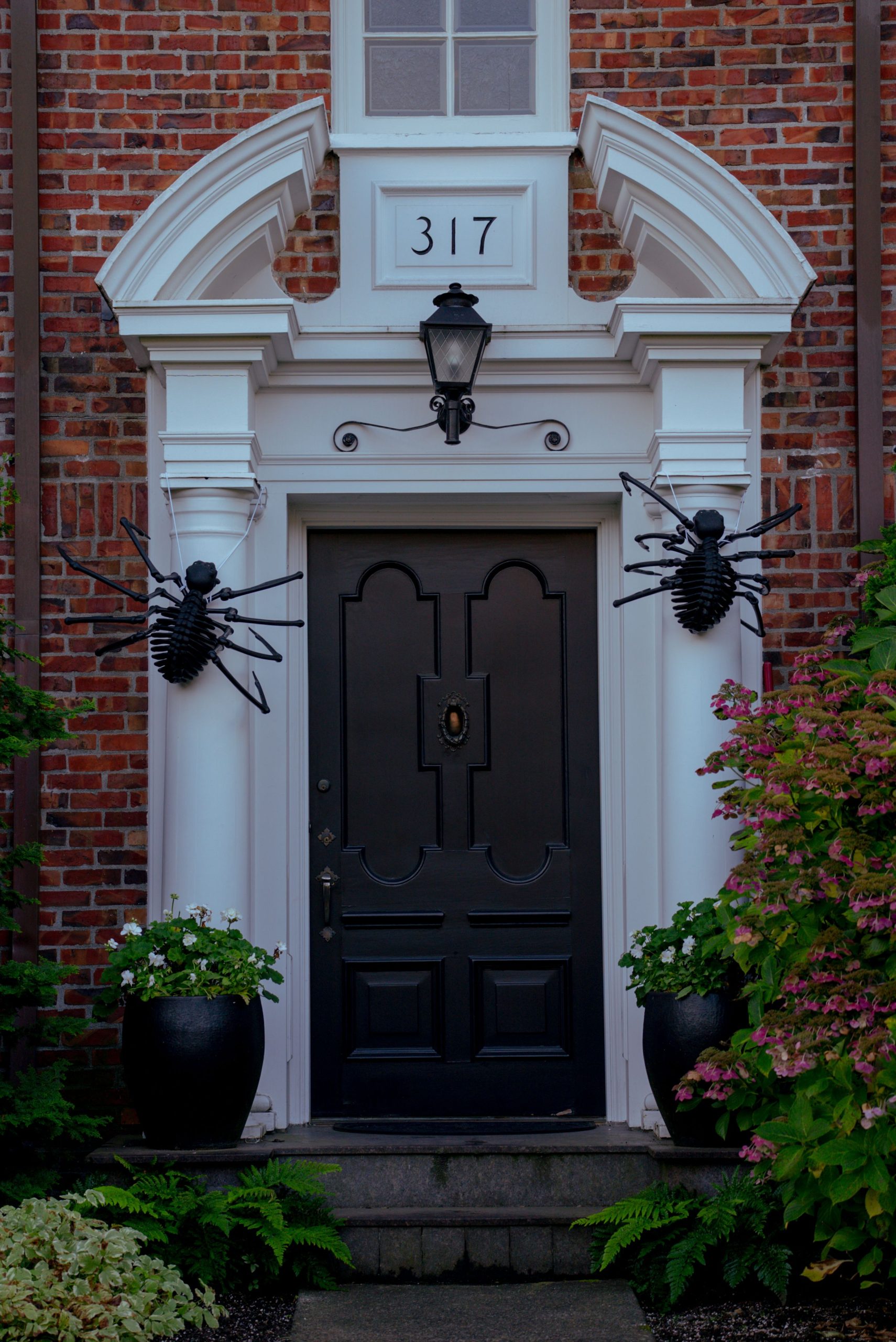A spooky Halloween decorated doorway with spider decorations in a Seattle home.