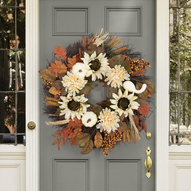 Autumn Door Wreath Handmade Fall Wreath – Autumn Door Decoration With Pumpkins, Pinecones Orange Flowers, Rustic Front