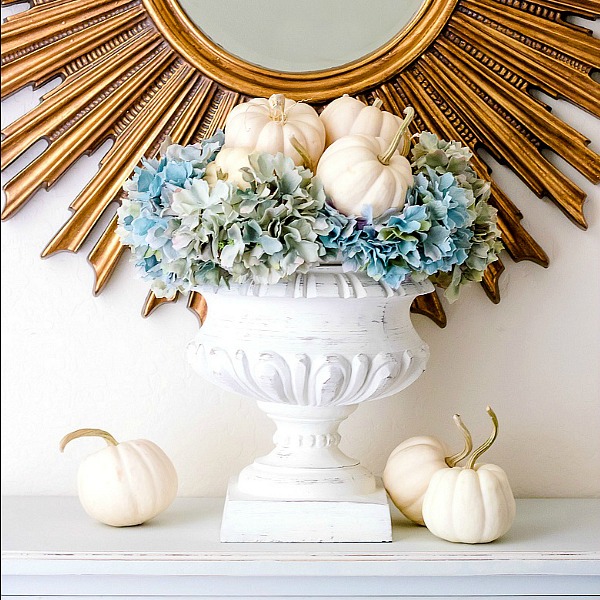 Blue And White Pumpkin Centerpiece Simple White Pumpkin Hydrangea Arrangement Randi Garrett Design