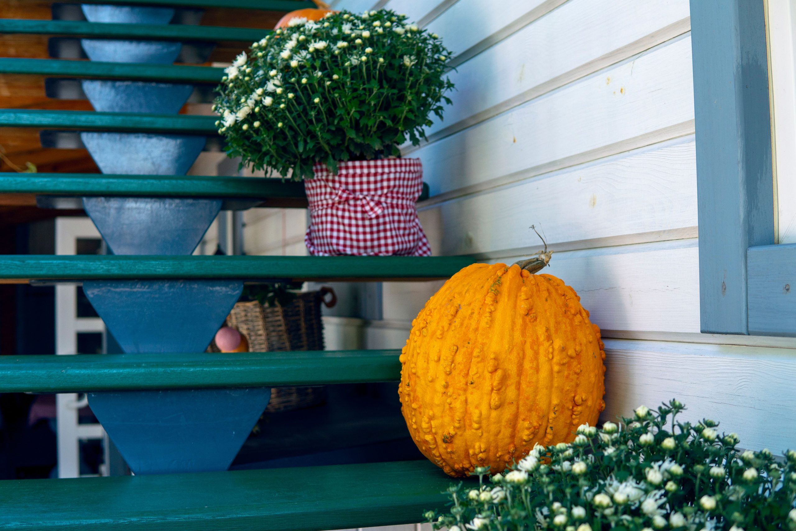 Charming autumn decor with pumpkin and flowers on wooden outdoor stairs, perfect for fall ambiance.