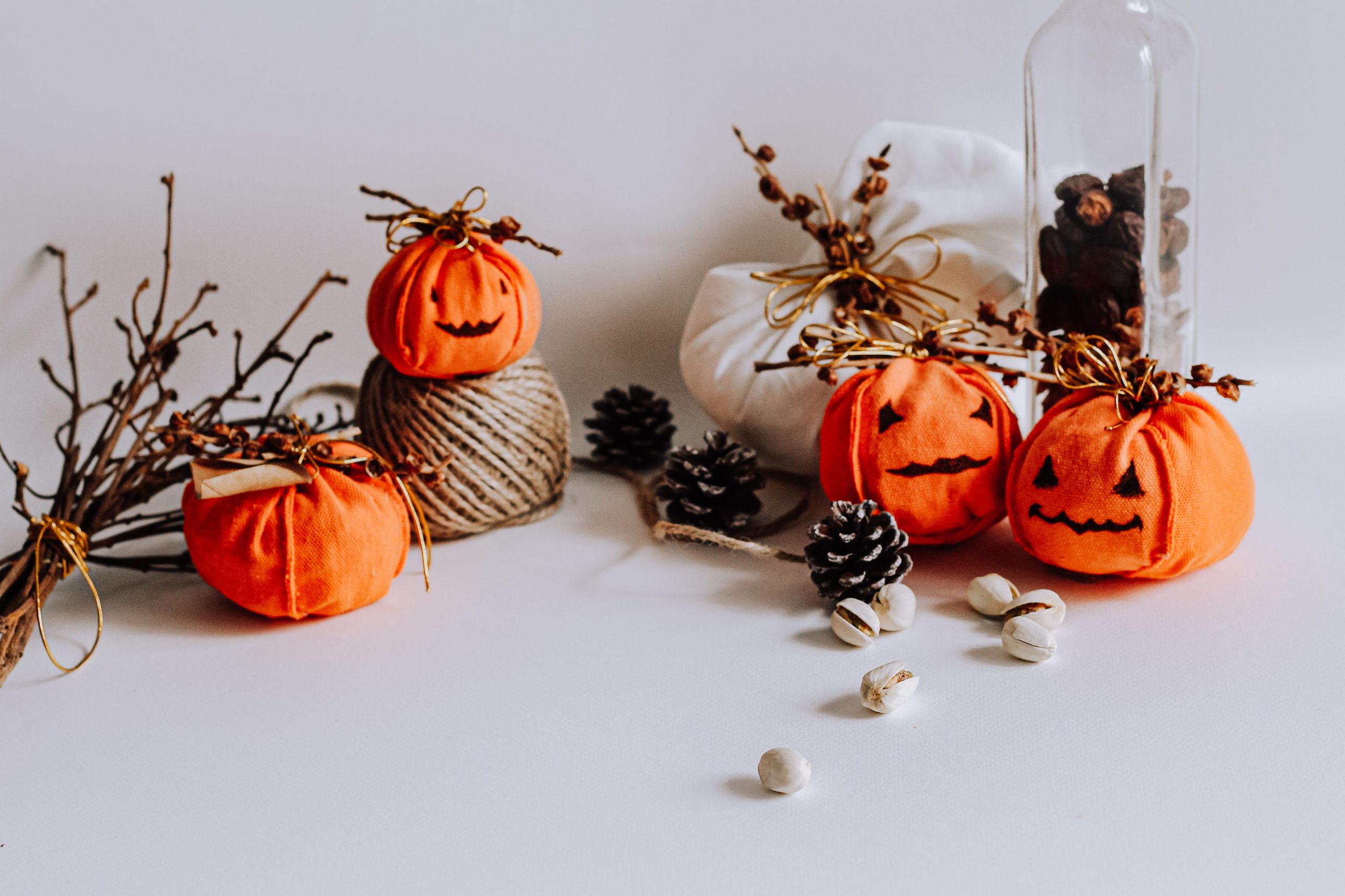 Charming Halloween still life featuring Jack O'Lanterns, pine cones, and twigs on a white surface.